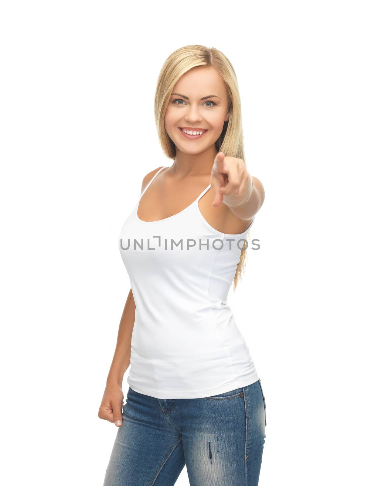 woman in blank white t-shirt pointing at you by dolgachov