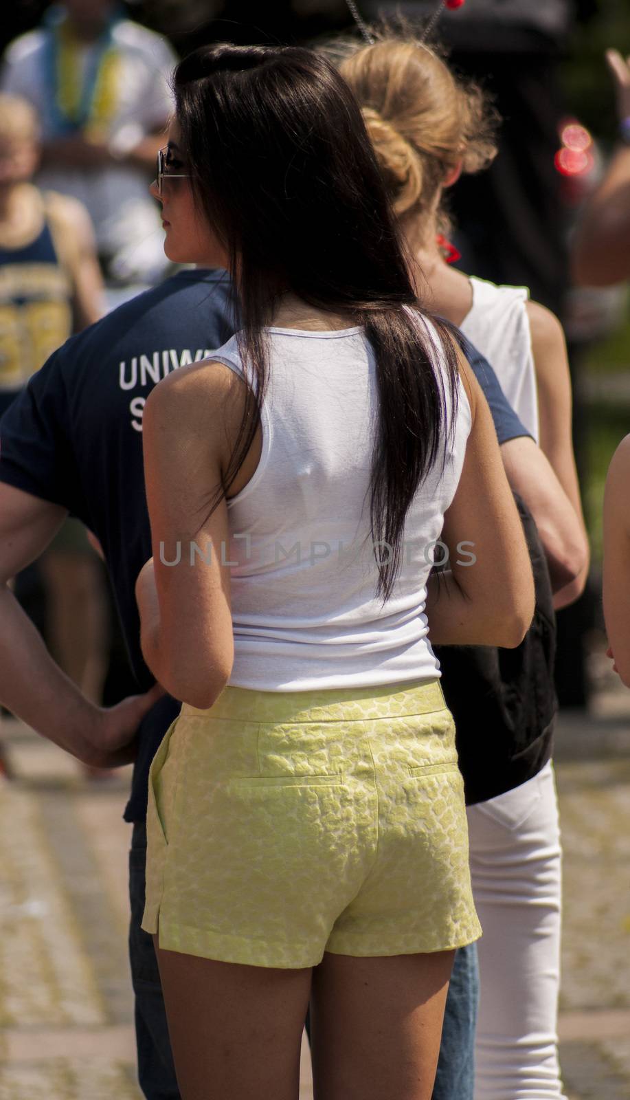 Szczecin, Poland - Mai 23, 2014: Juwenalia, is an annual students' holiday in Poland, usually celebrated for three days in late May. Sexy college girl in pants shorts.Girl is back. 