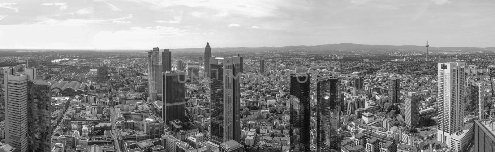 FRANKFURT AM MAIN, GERMANY - JUNE 3, 2013: Aerial view of the city centre with the largest business district in Europe - in black and white