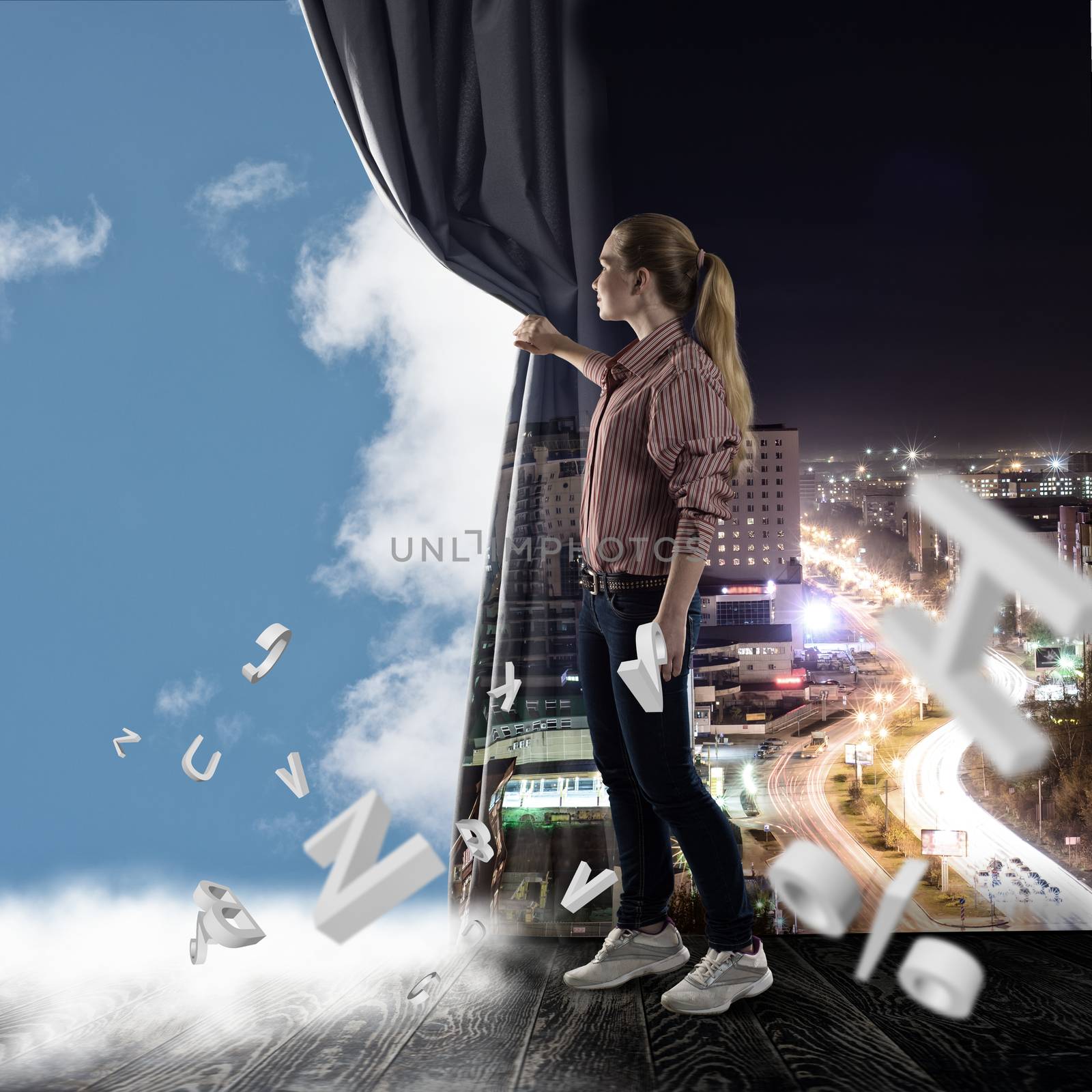 image of a young woman pushes the curtain looking at clouds