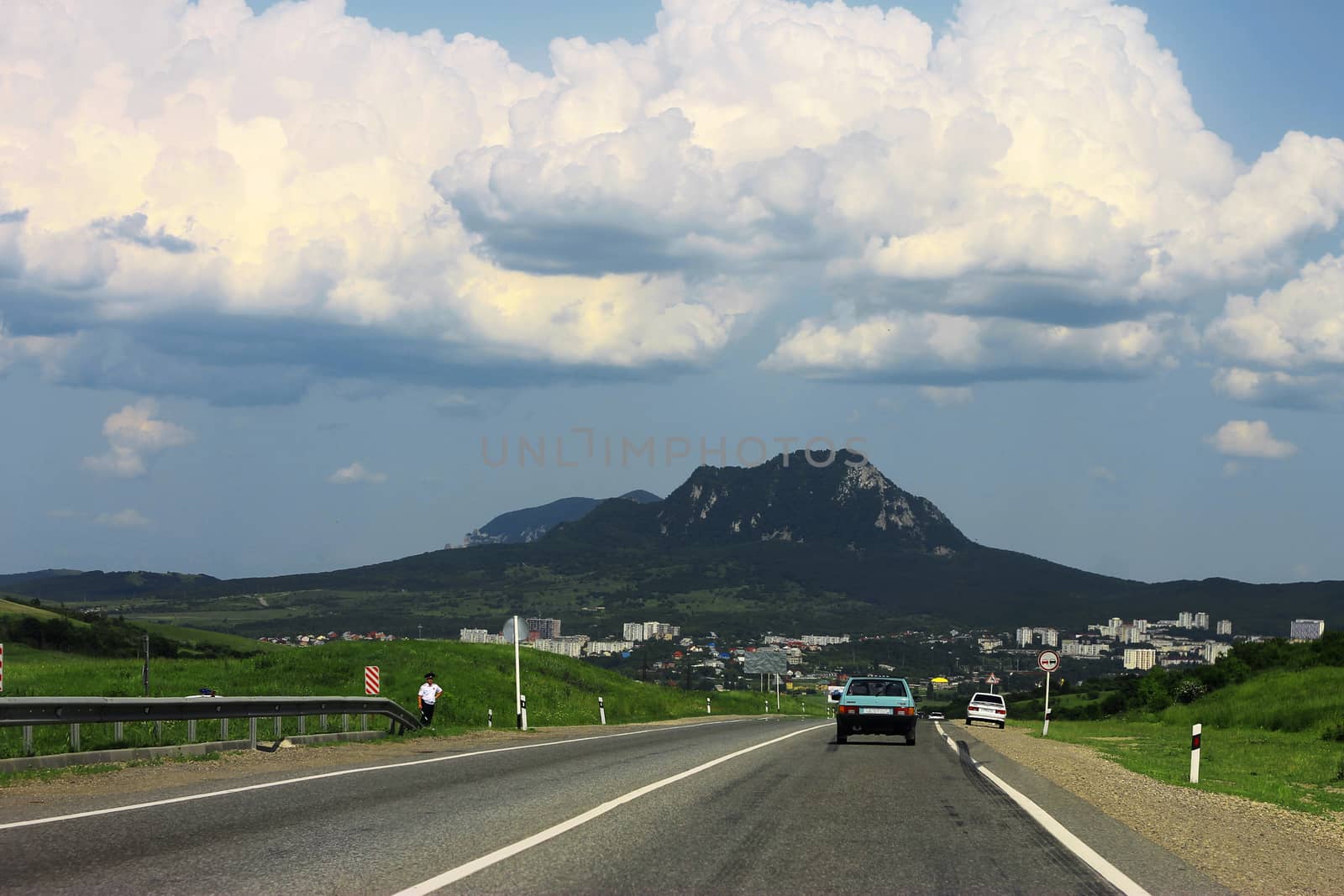 Wide highway and landscape. North Caucasus travel.