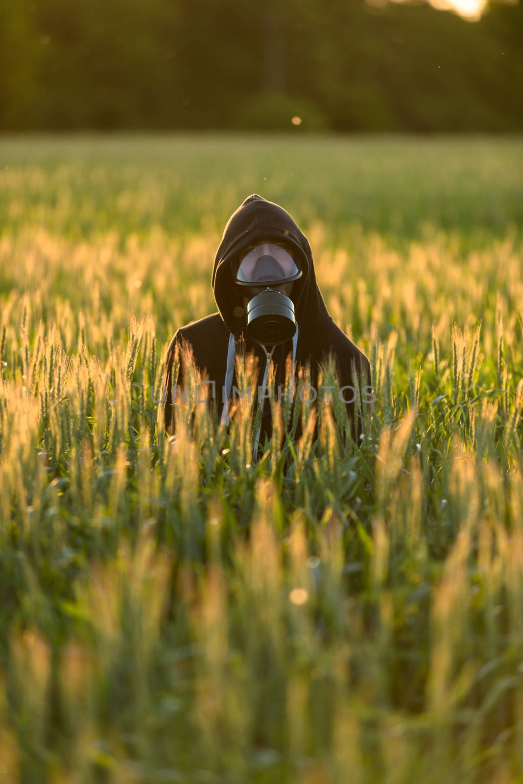 Allergic man with gasmask at the field