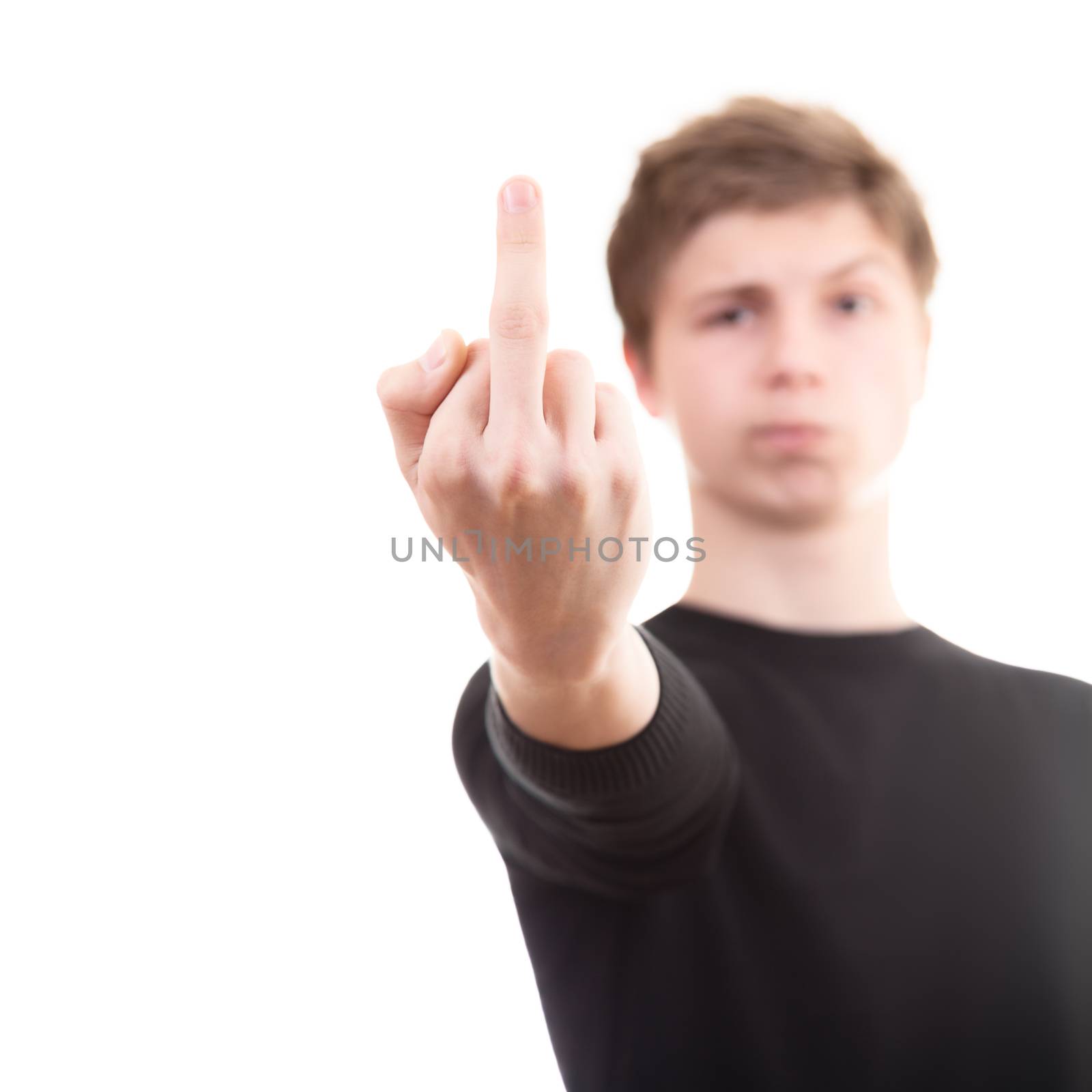 Blurred figure shows the middle finger. Shallow depth of field