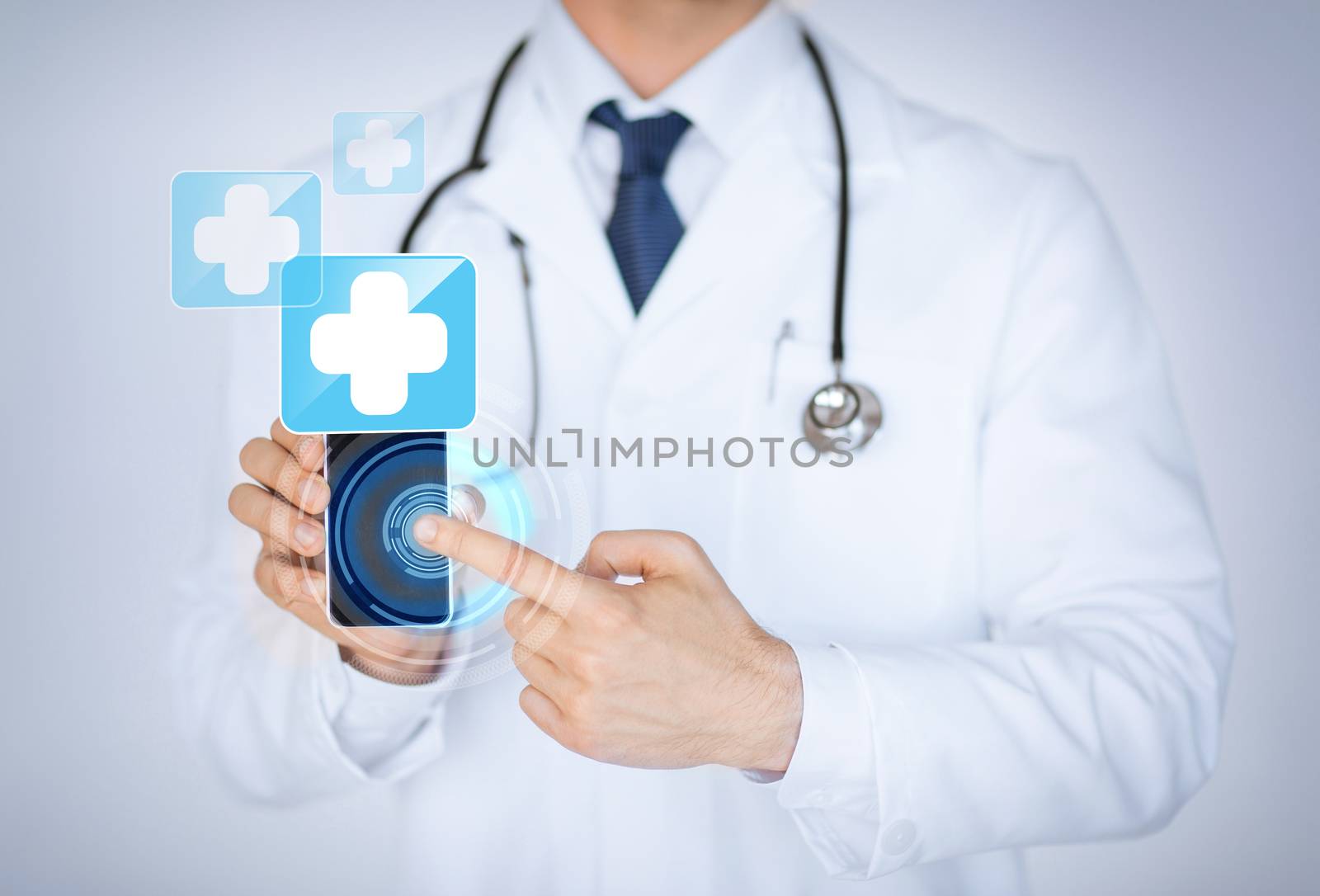 doctor holding smartphone with medical app by dolgachov