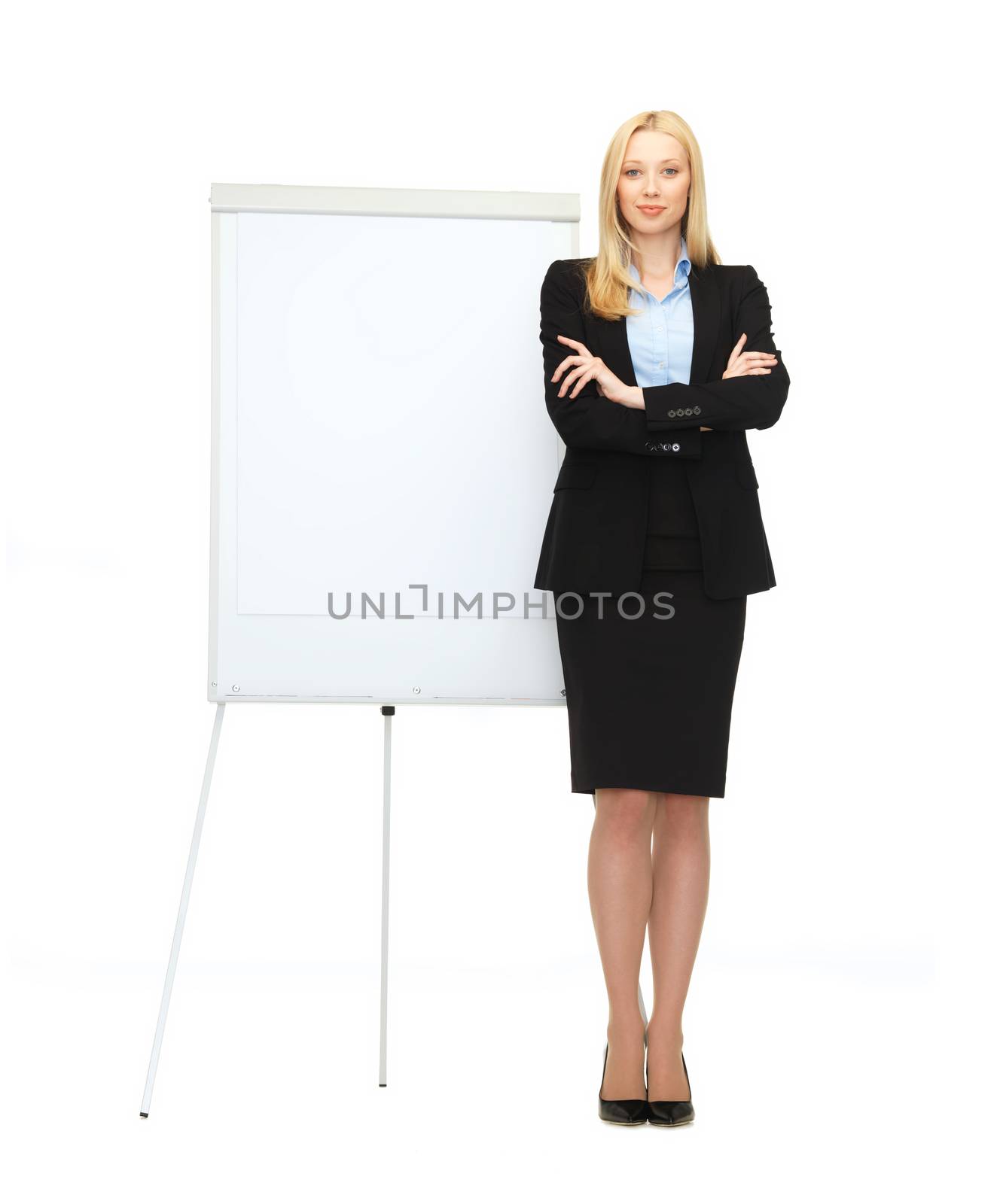 bussiness and education - businesswoman with flipchart in office