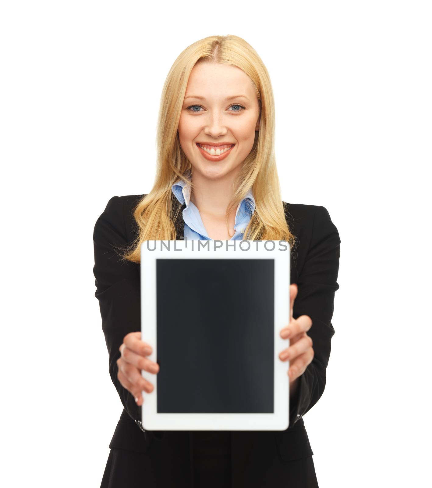 smiling woman with tablet pc in office by dolgachov