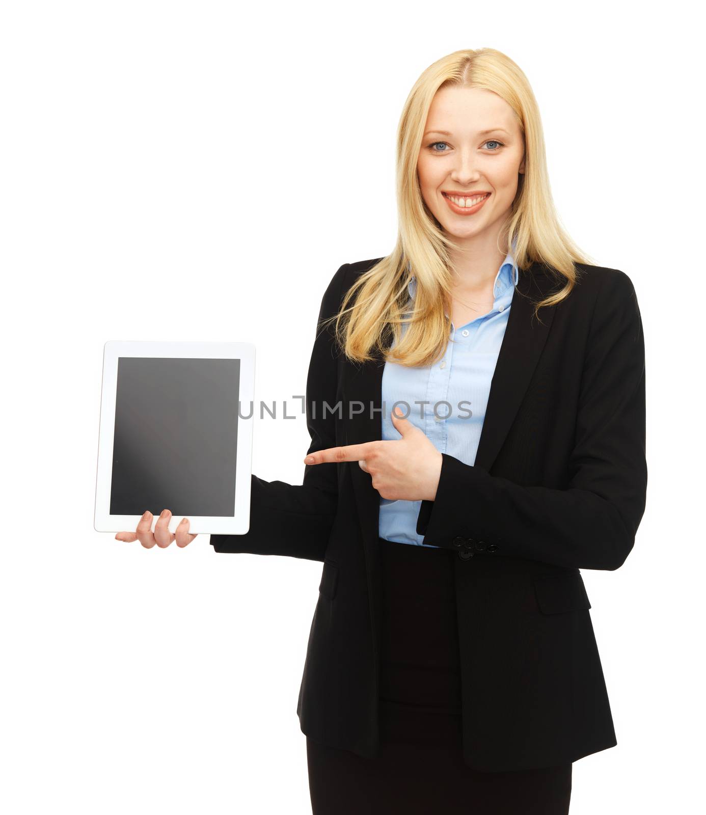 smiling woman with tablet pc in office by dolgachov