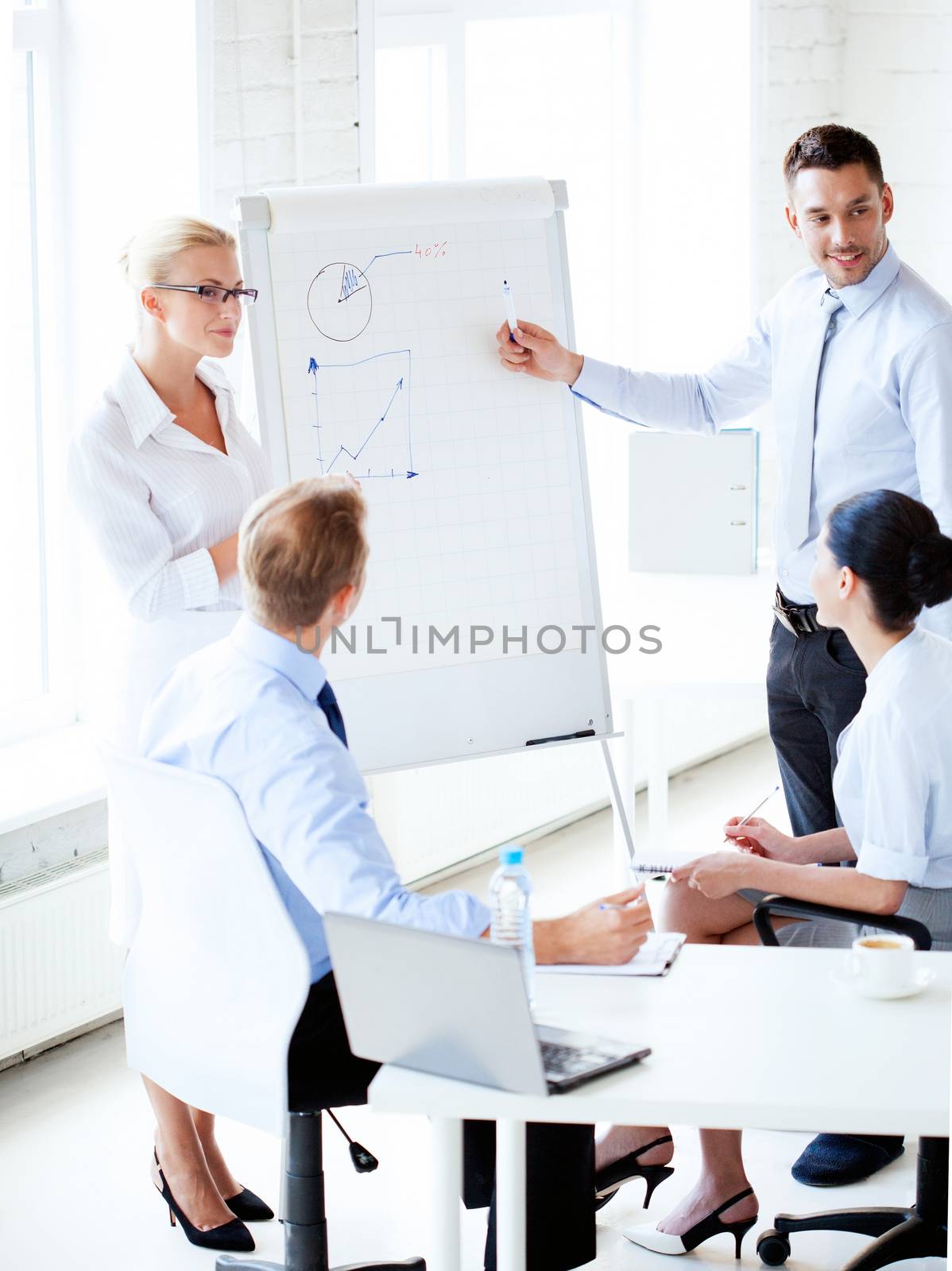 young businessman pointing at graph on flip board in office