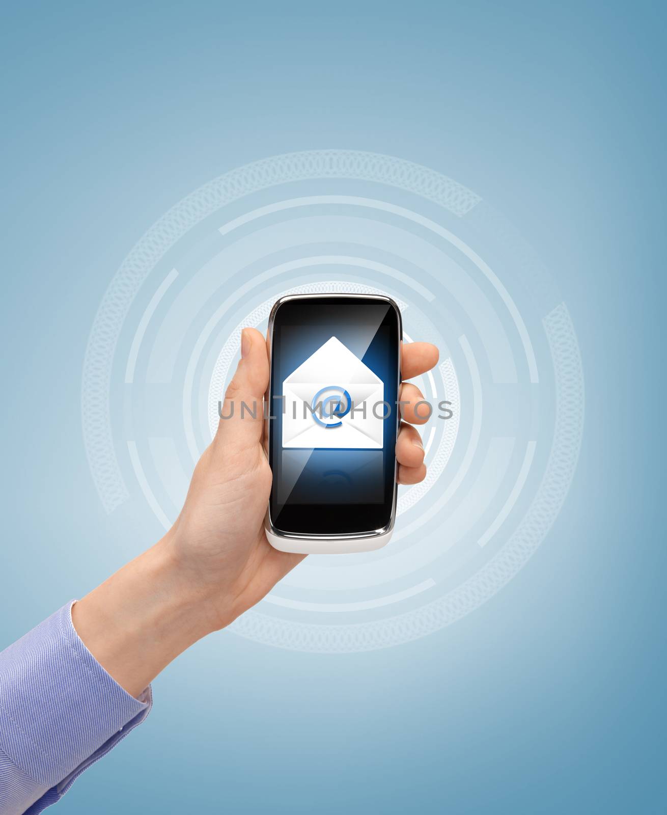 business, communication and future technology - woman holding smartphone with email icon