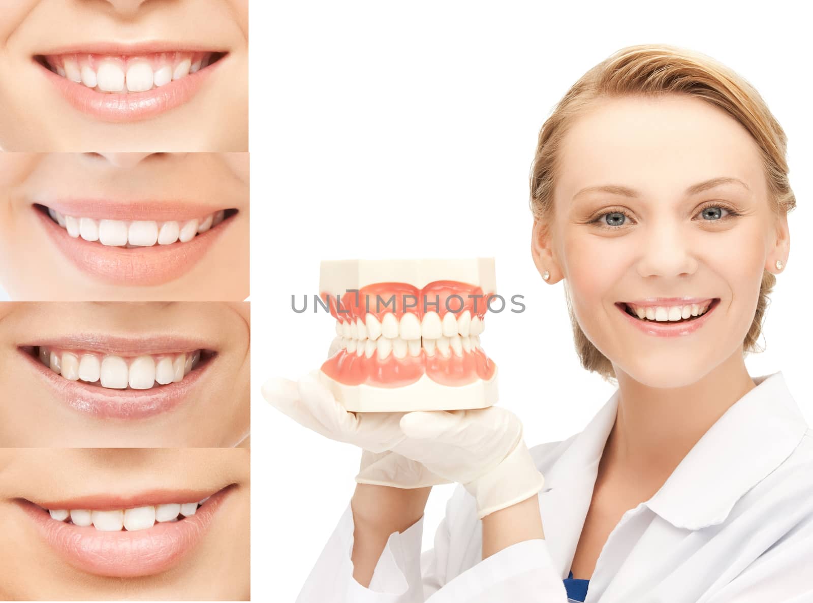 healthcare, medical and stomatology concept - doctor with jaws and smiles