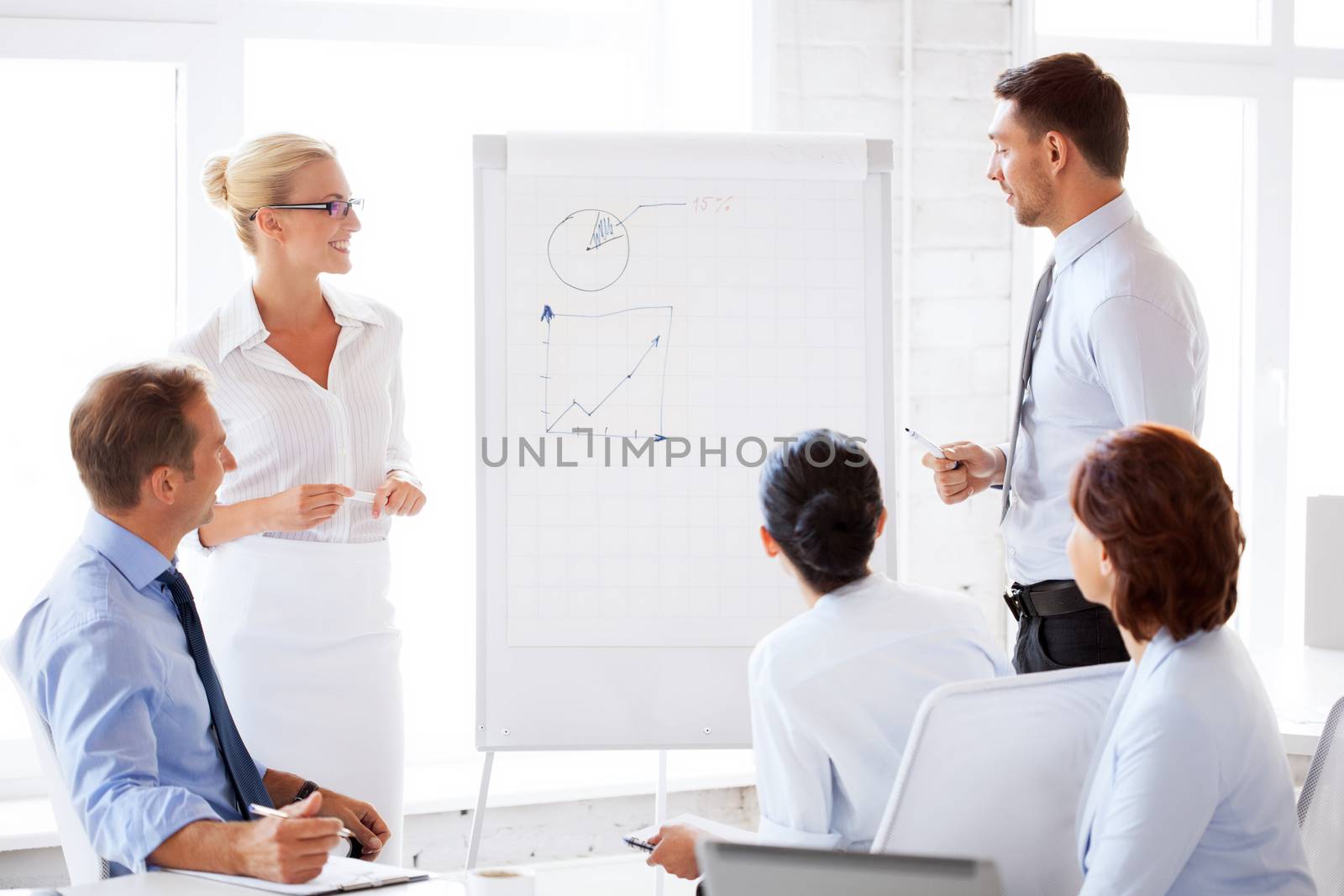business team working with flip chart in office by dolgachov
