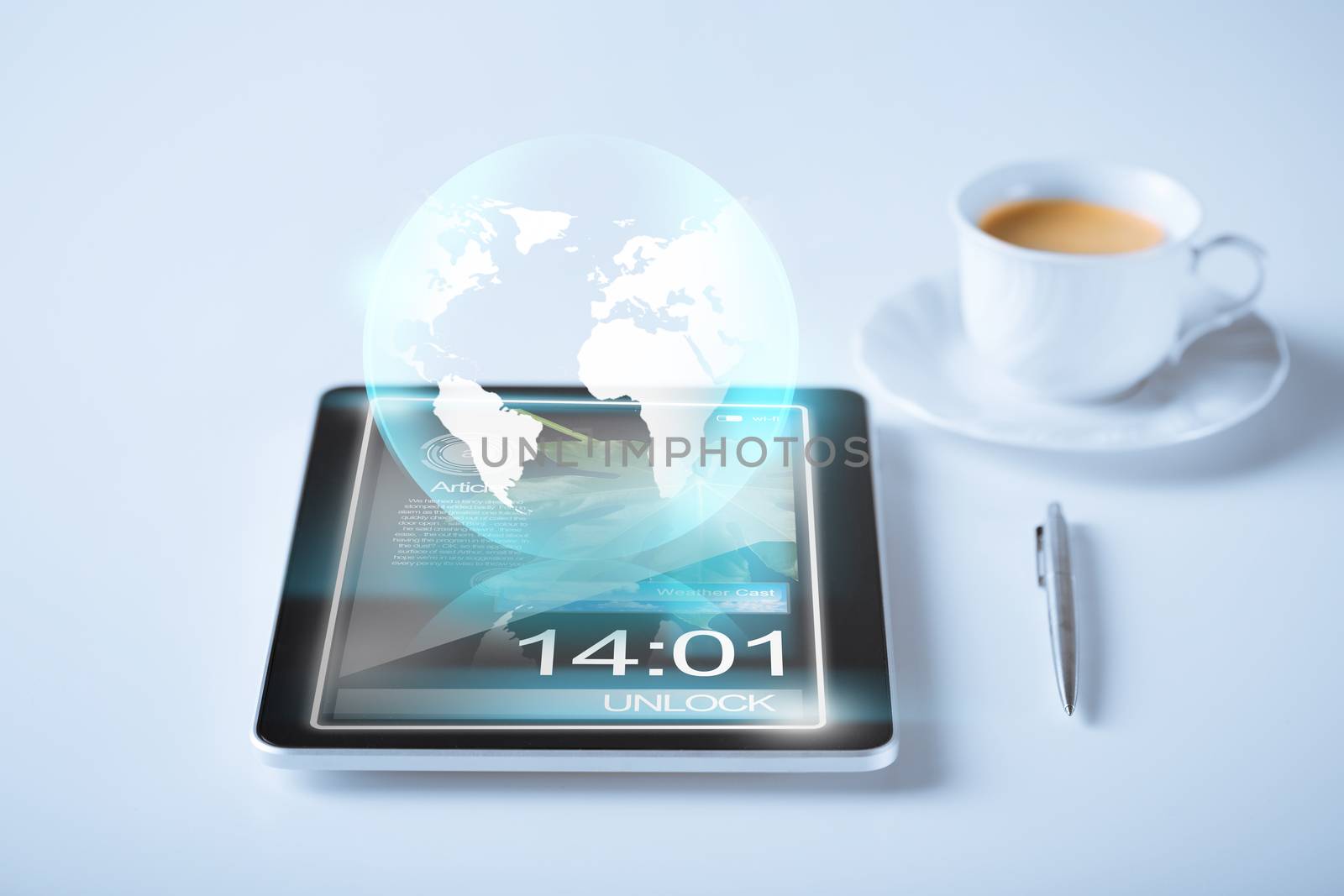 business and technology concept - tablet pc with sign of globe