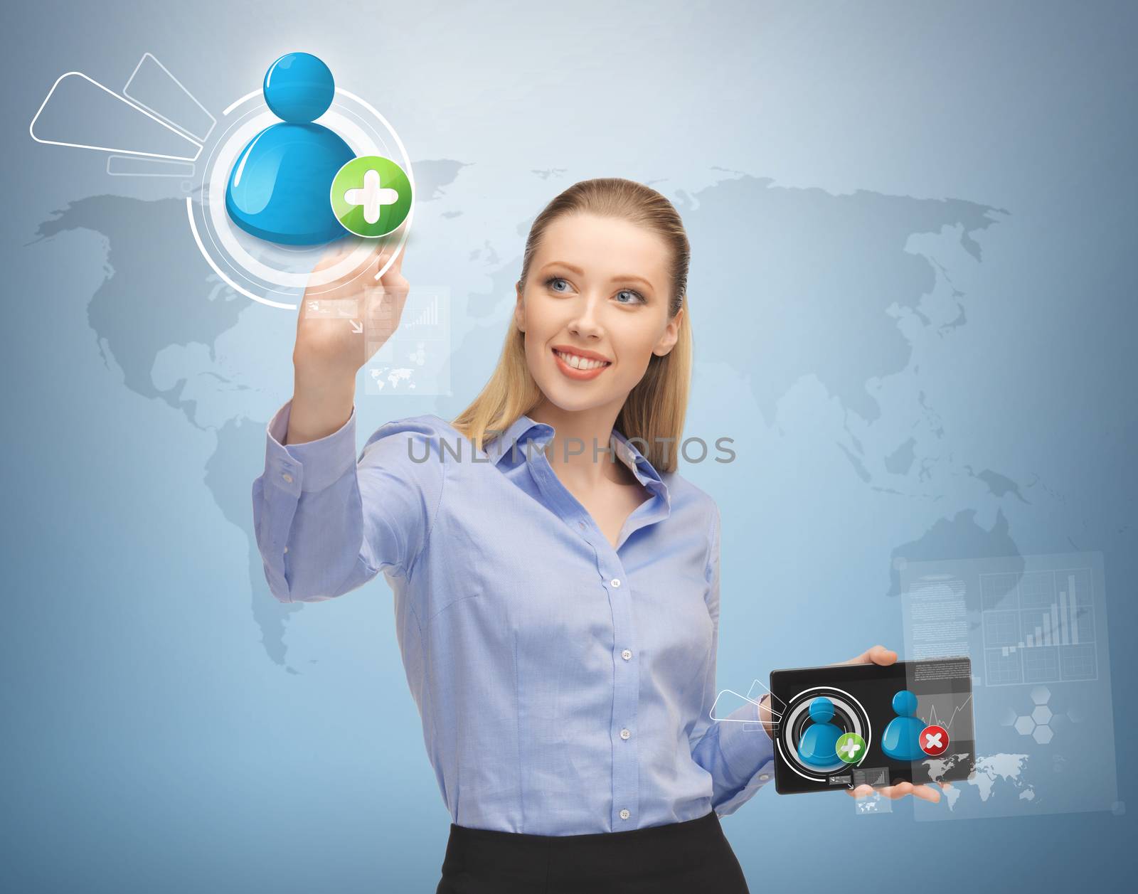 future, technology and communication - woman pressing button on virtual screen with contact icon