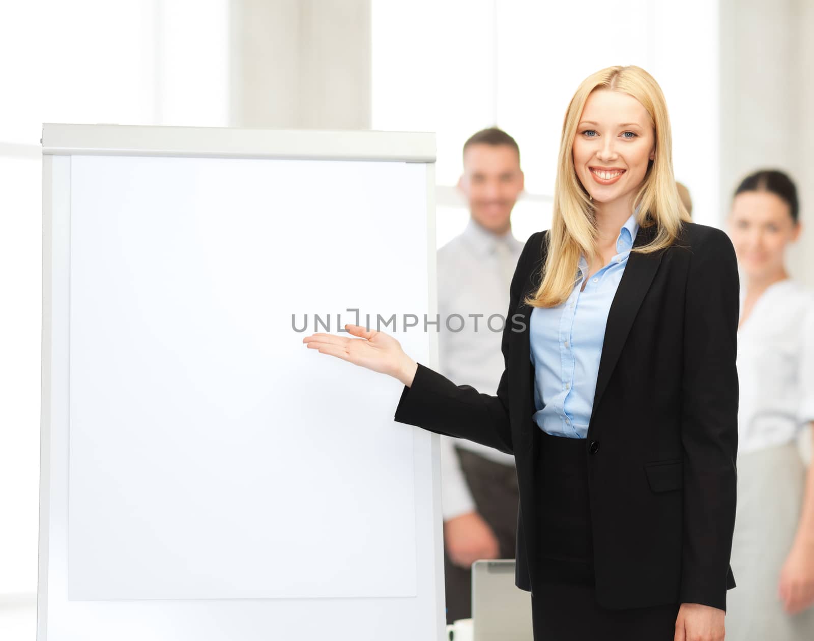 bussiness, meeting and education - businesswoman with flipchart in office