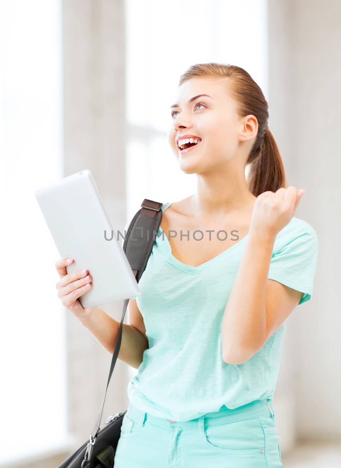 education, technology and internet concept - happy student girl with tablet pc