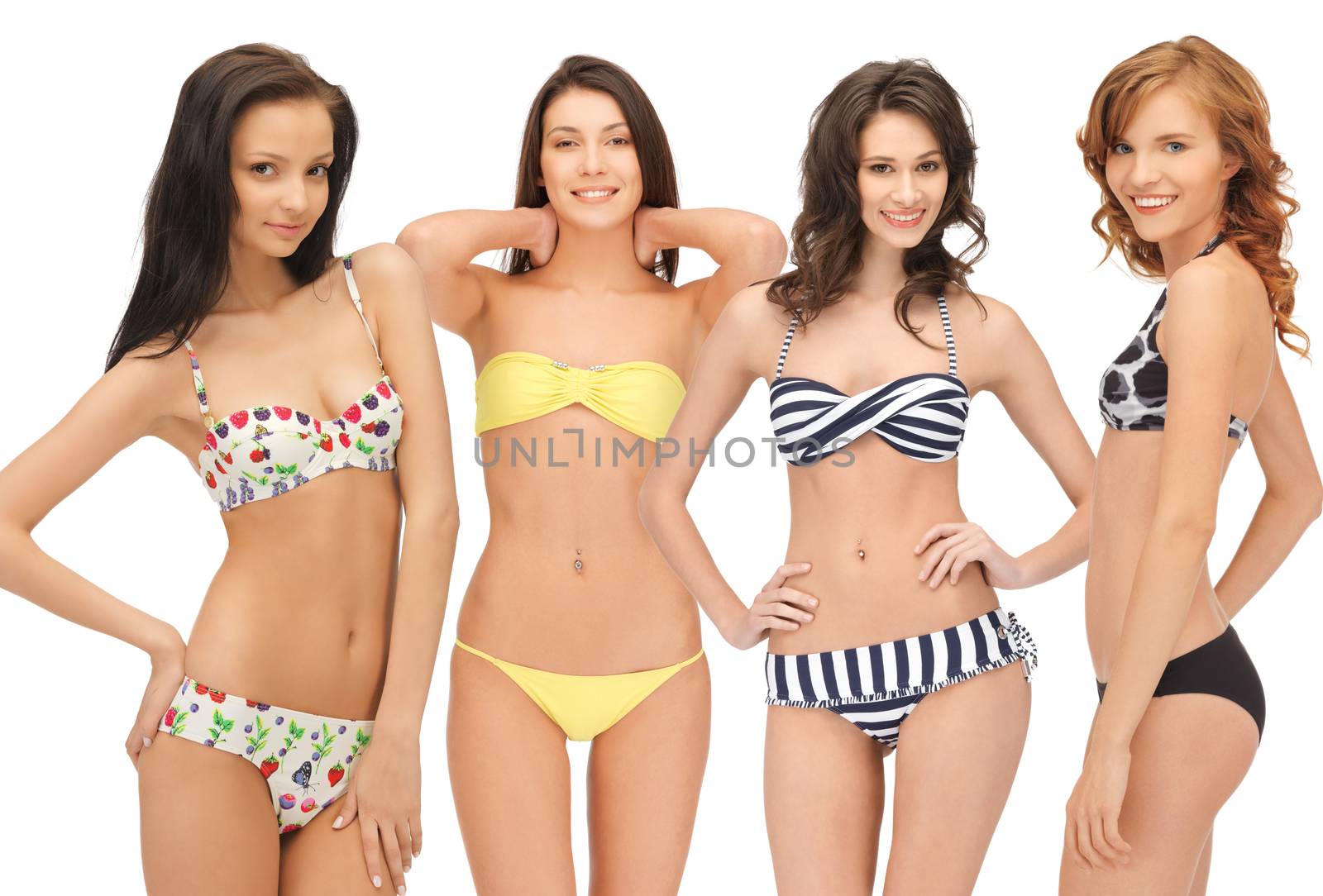 summer, bikini and fashion concept - group of model girls in bikinis