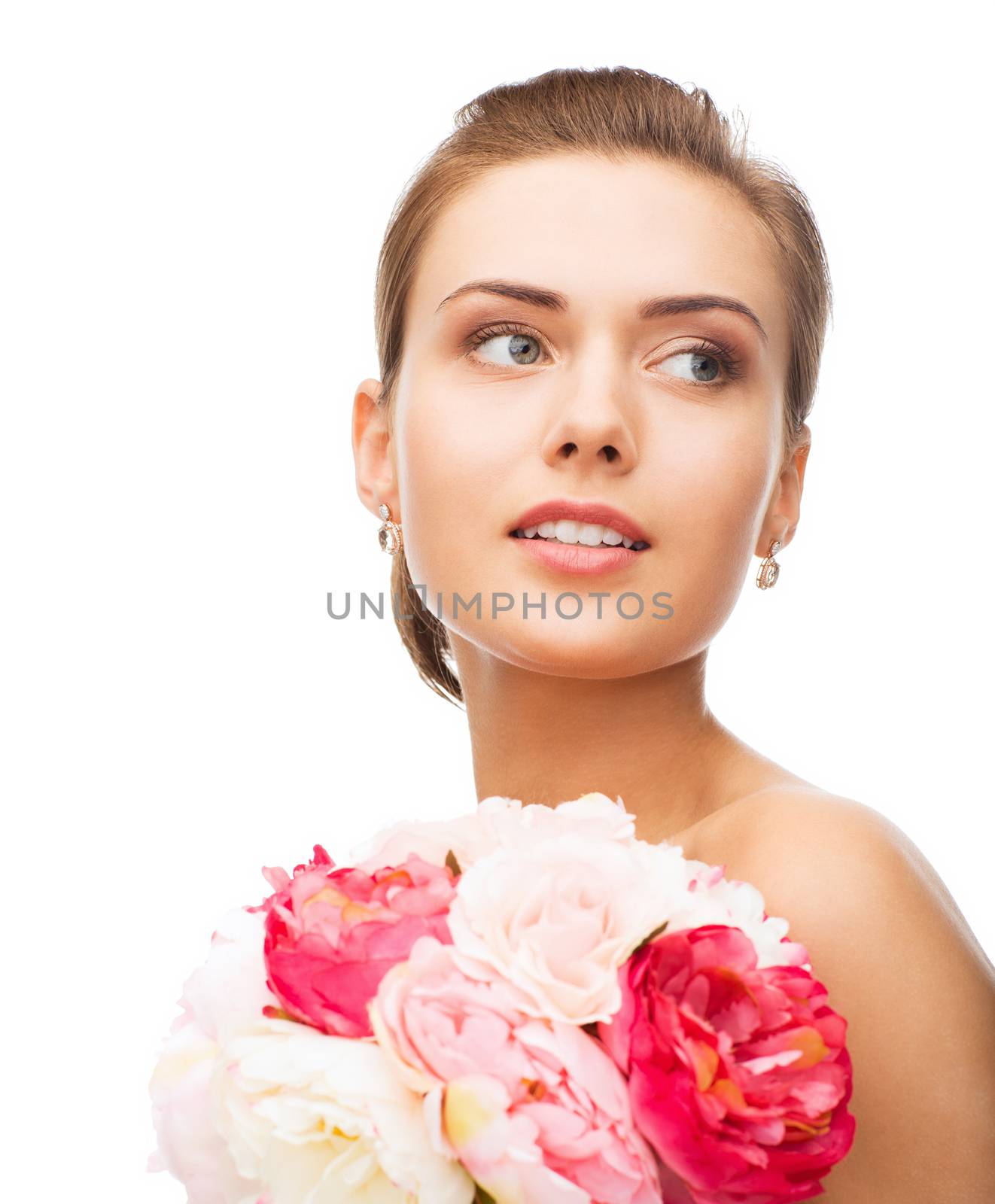 beauty and jewelry - woman with diamond earrings and flowers