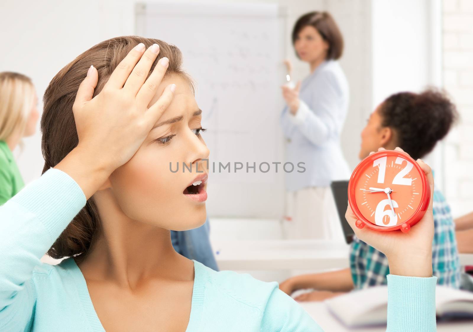 education and time management - attractive student looking at clock