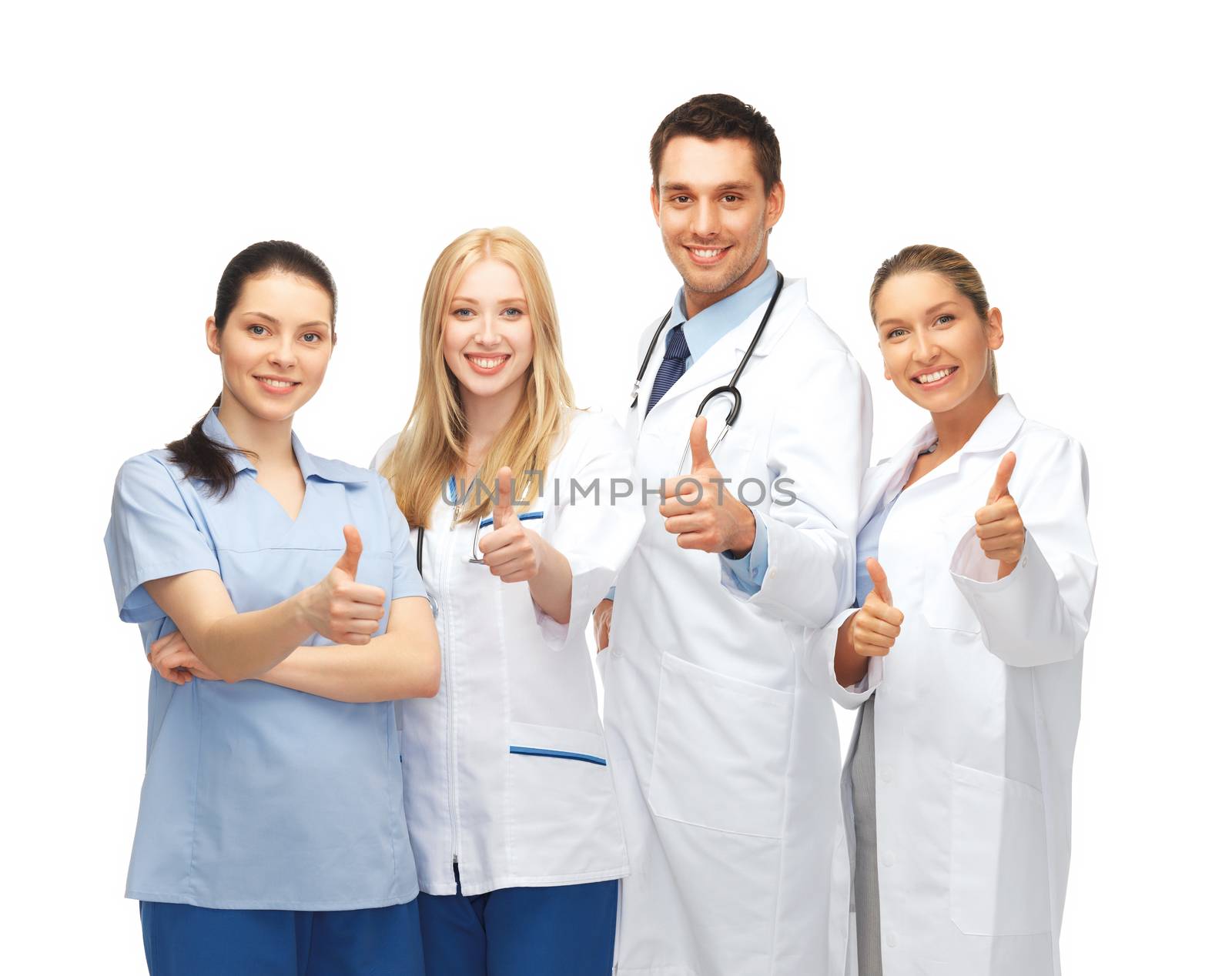 healthcare and medical - professional young team or group of doctors showing thumbs up