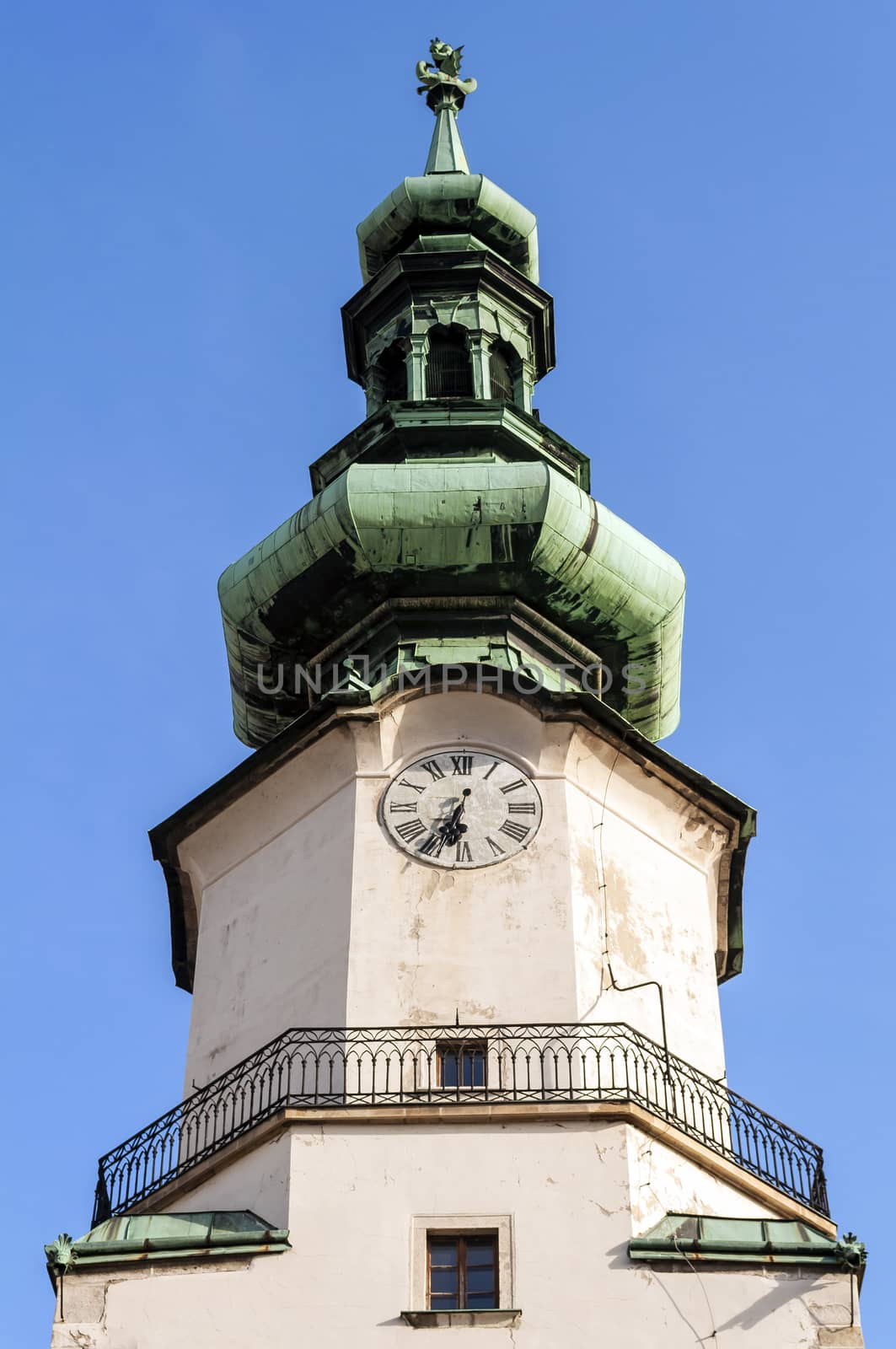 Clock tower at the St. Michael's Gate, Bratislava, Slovakia.