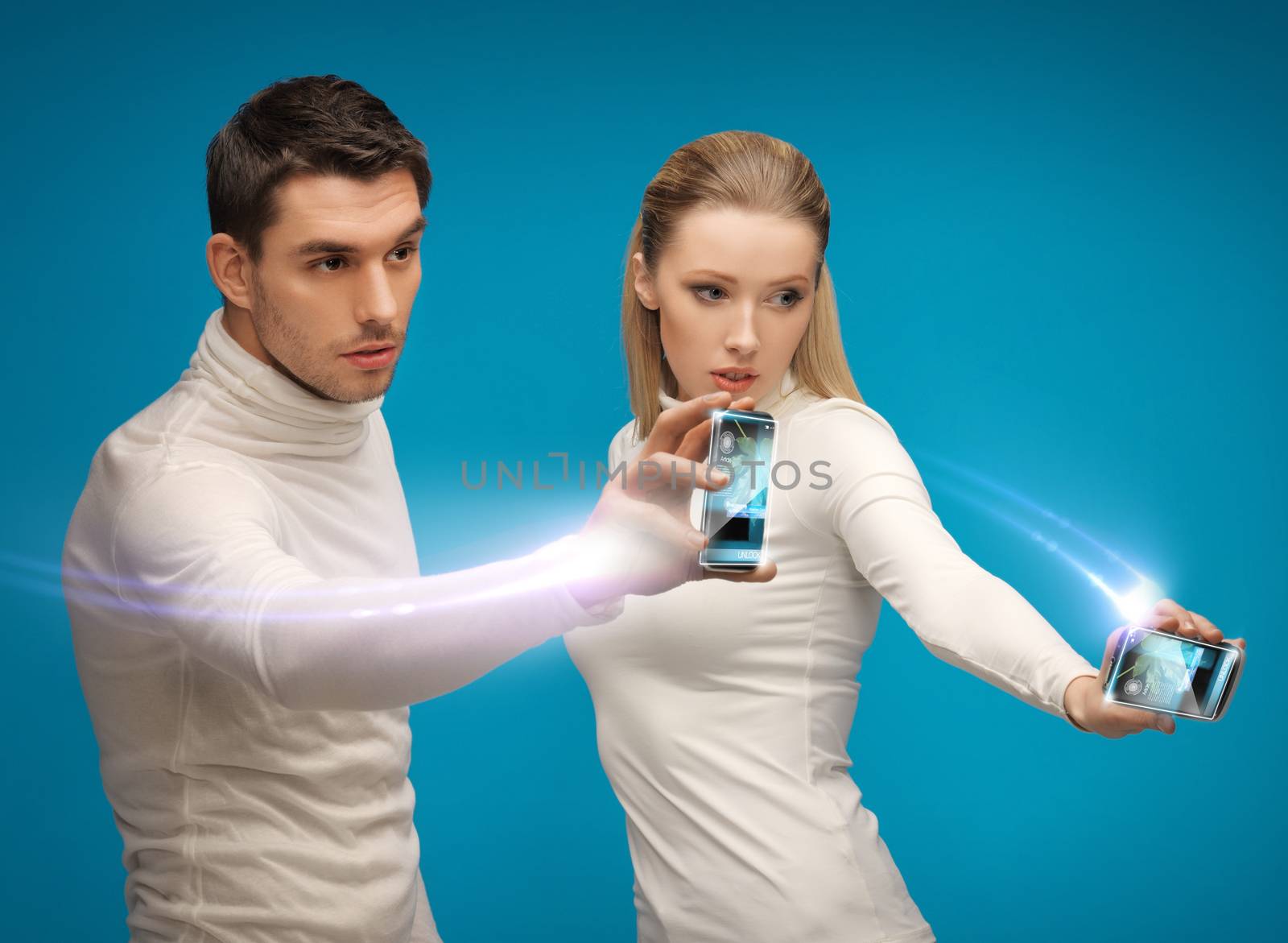 future technology and science fiction - futuristic man and woman working with gadgets