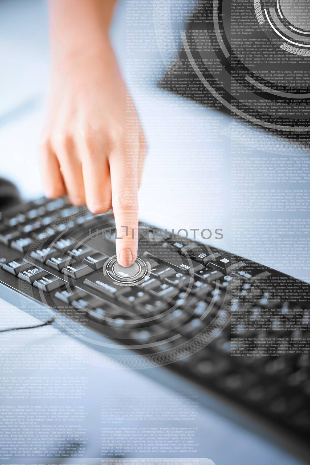 business, education and technology concept - woman hand pressing on enter button on keyboard