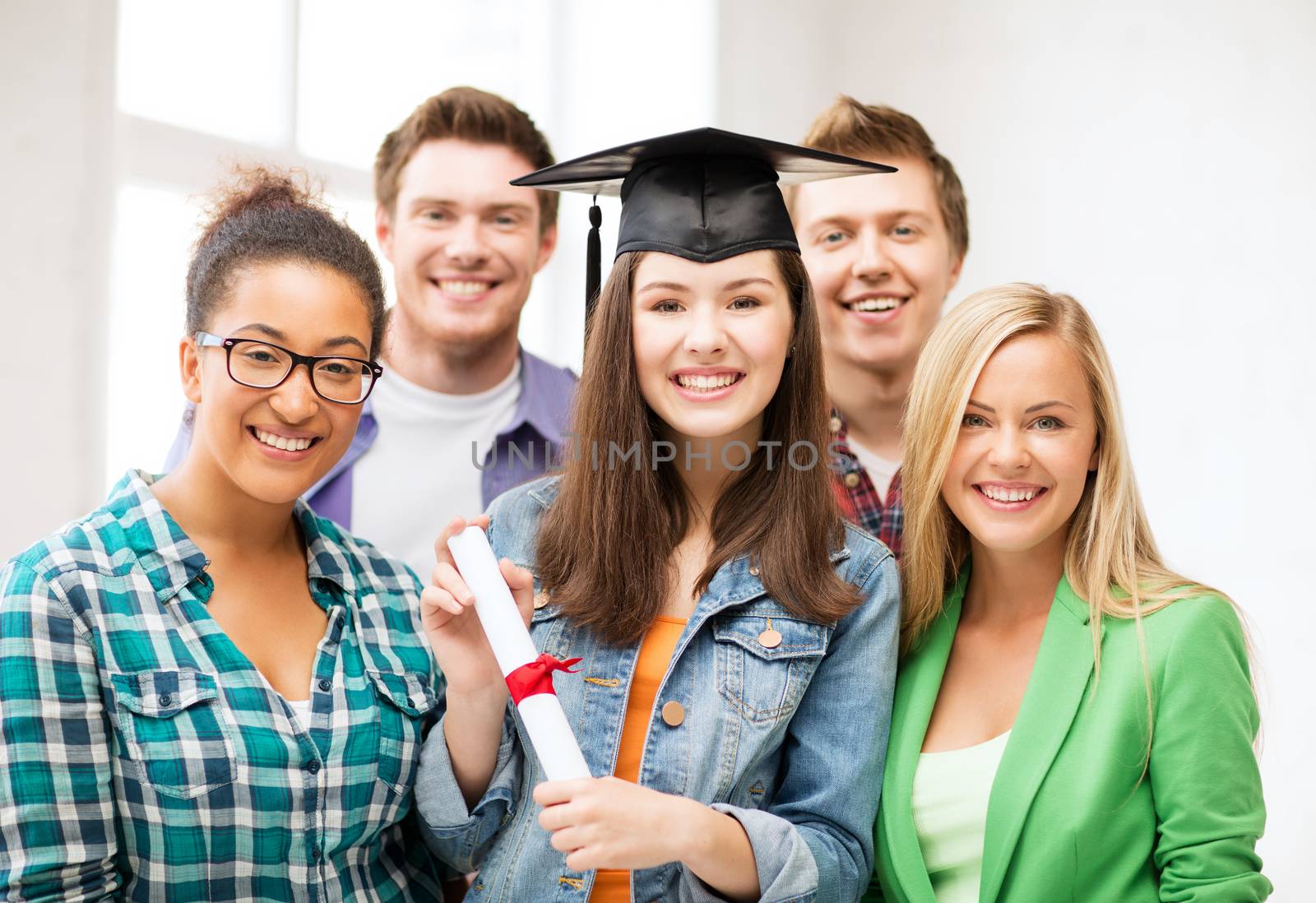 education and competition concept - girl in graduation cap with certificate and students