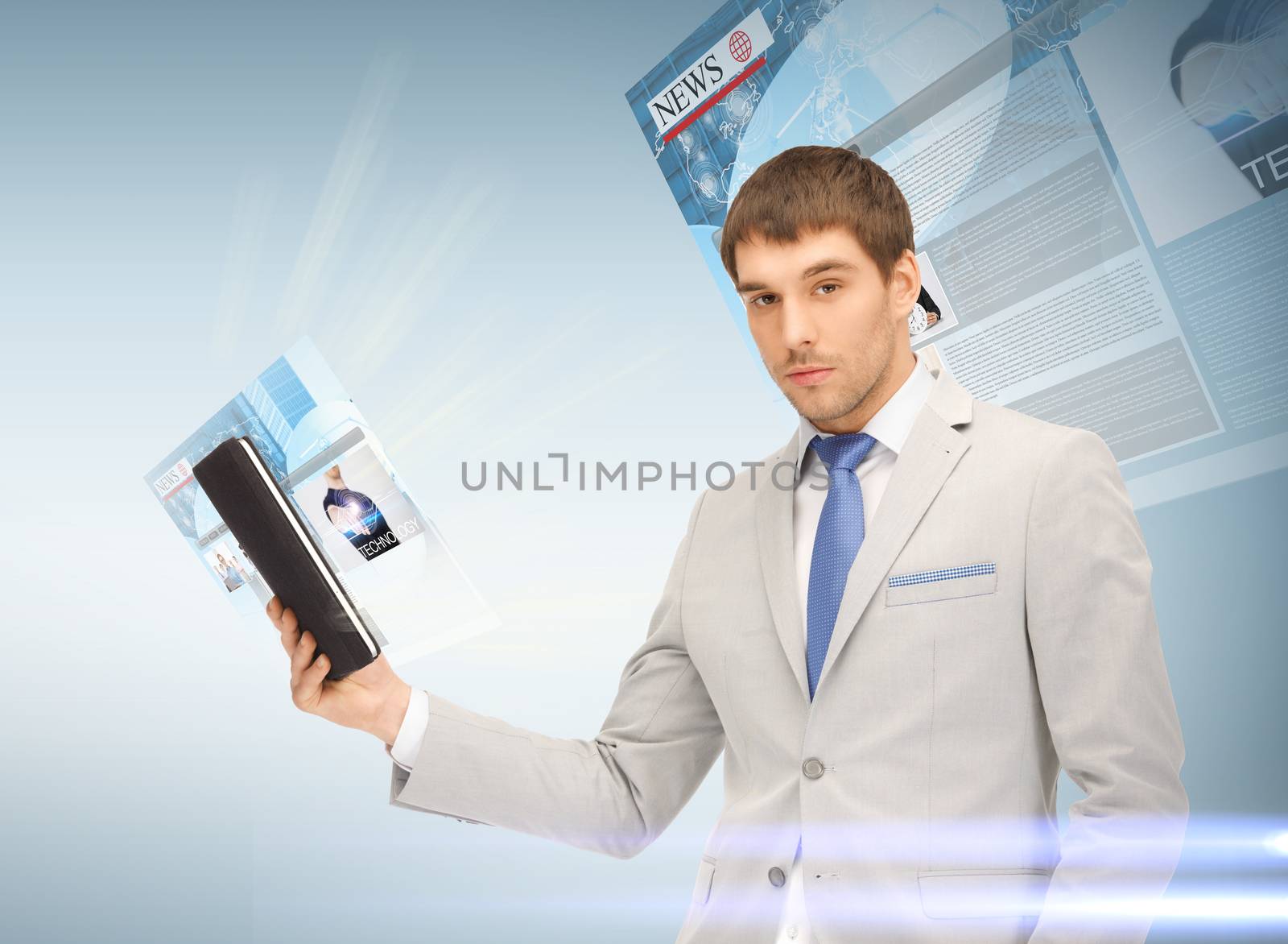 business, technology and internet concept - businessman with tablet pc reading news