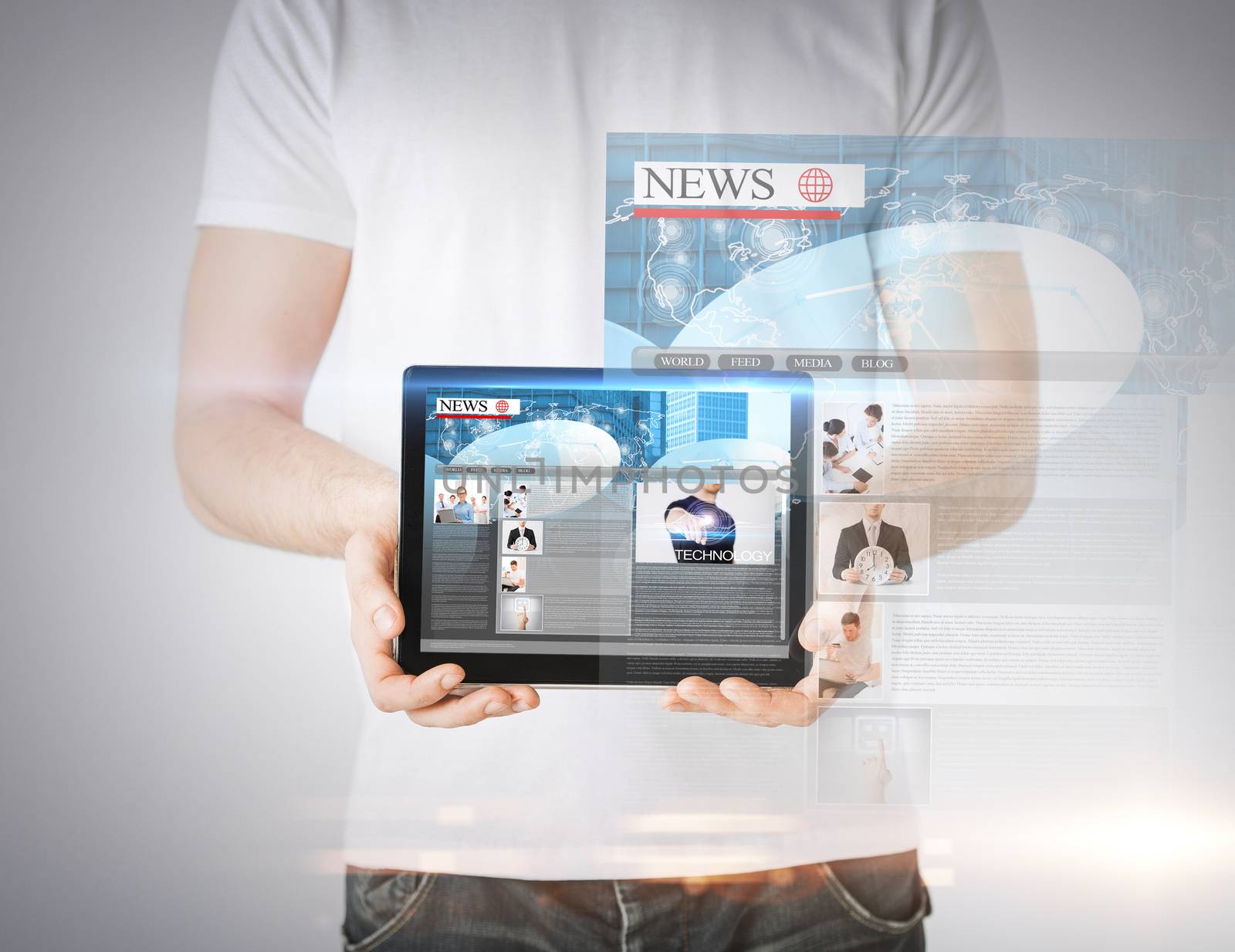 business, technology, internet and news concept - man showing tablet pc with news app