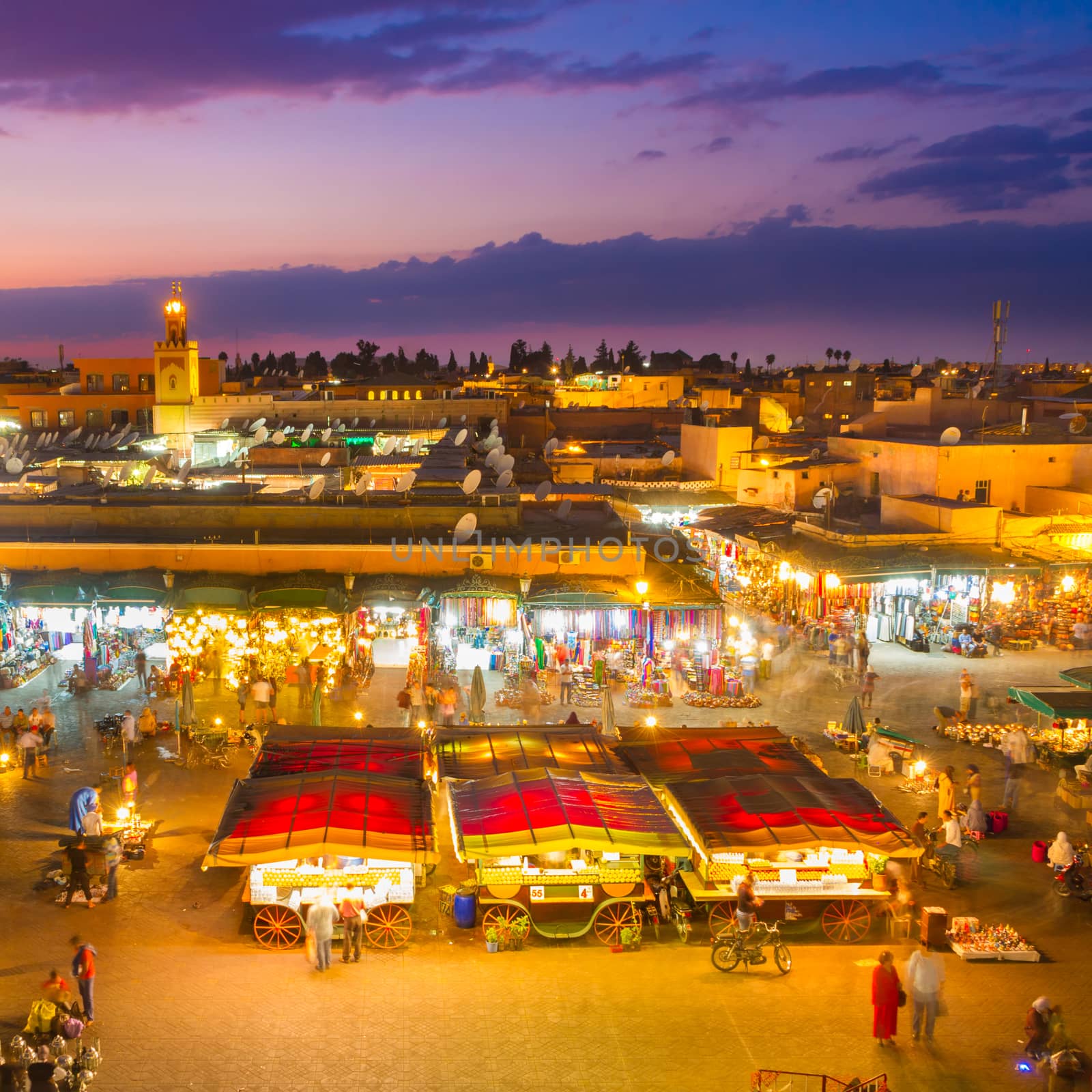 Jamaa el Fna also Jemaa el Fnaa, Djema el Fna or Djemaa el Fnaa is a square and market place in Marrakesh's medina quarter (old city). Marrakesh, Morocco, north Africa. UNESCO Masterpiece of the Oral and Intangible Heritage of Humanity.