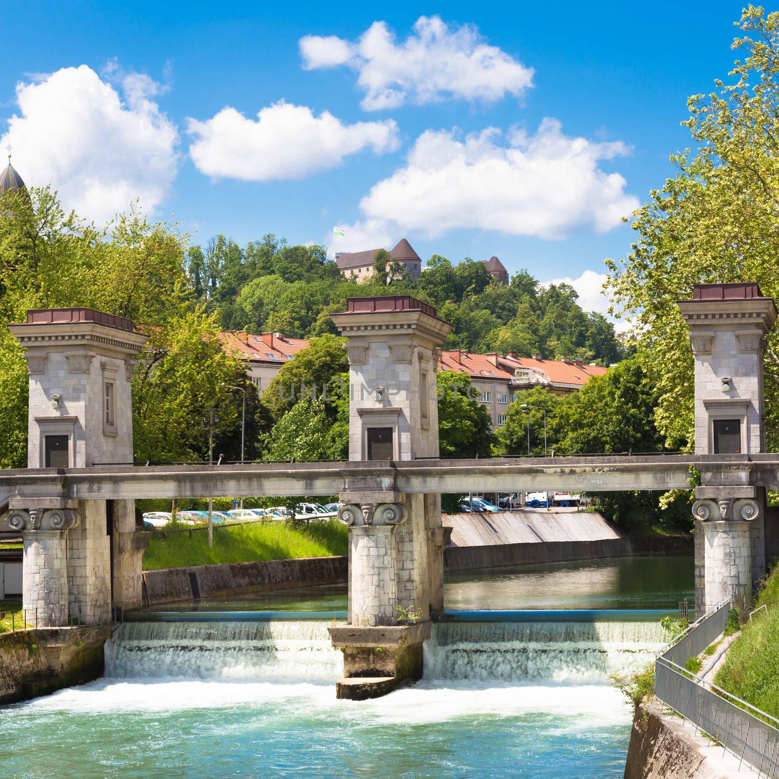 Sluice on the River Ljubljanica, Ljubljana, Slovenia was designed by famous architect Joze Plecnik.