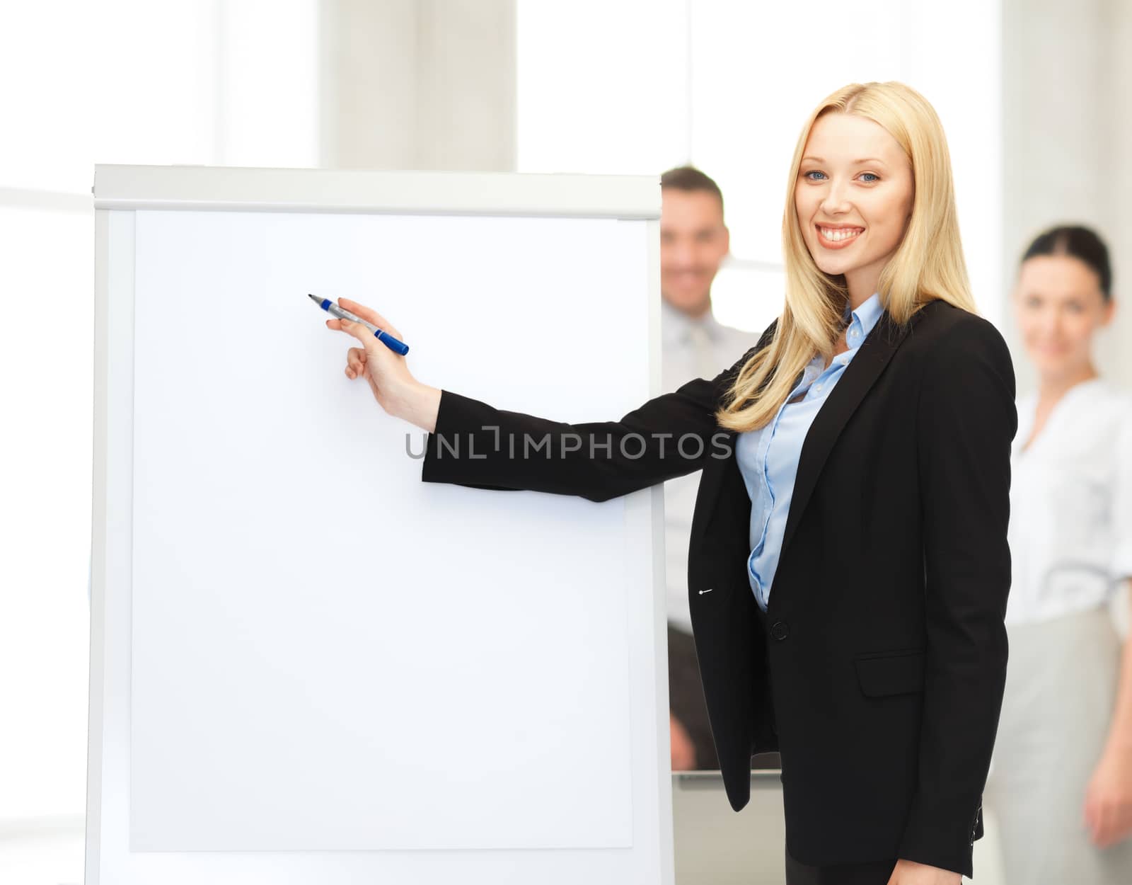 businesswoman with flipchart in office by dolgachov