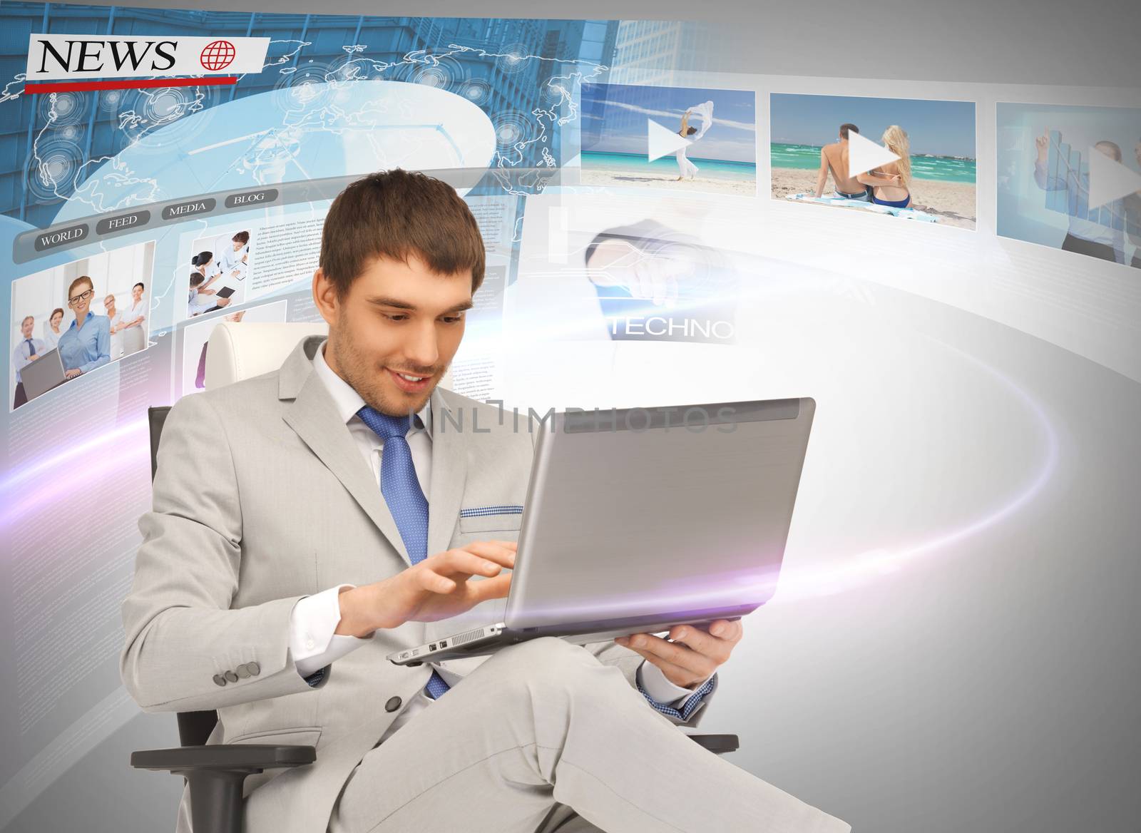 business, technology, internet and news concept - businessman with laptop pc and virtual screens reading news