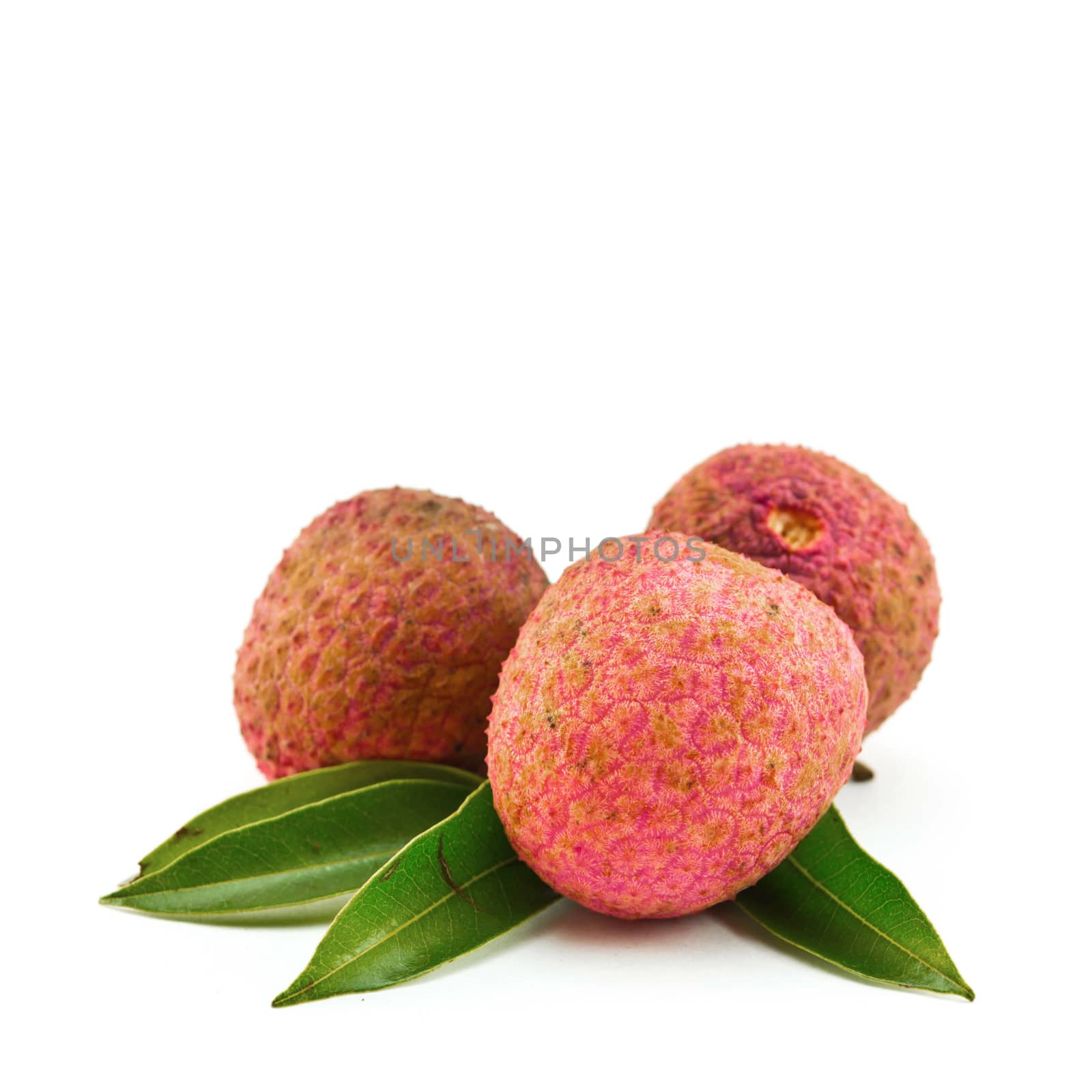 fresh lychees on white background by Thanamat