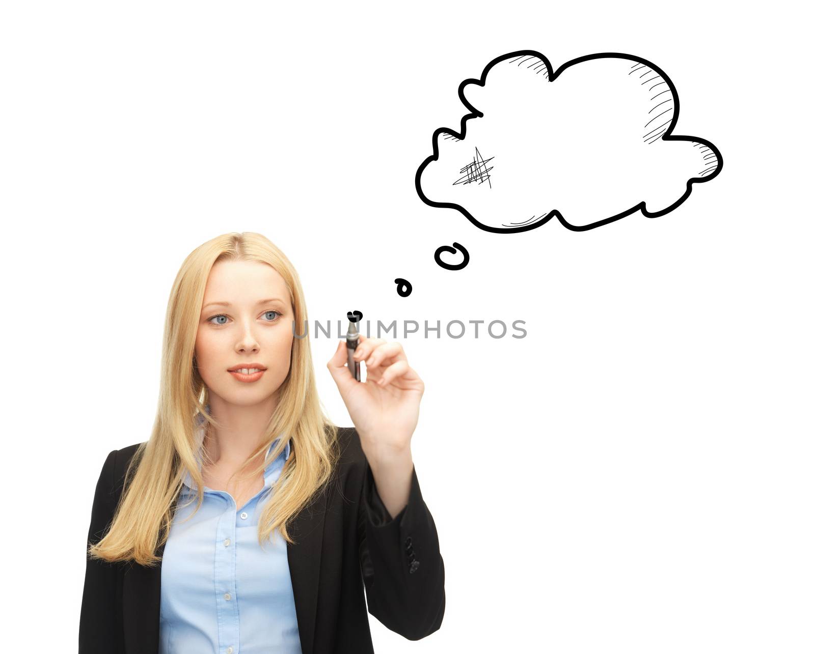 communication and business concept - businesswoman drawing blank text bubble