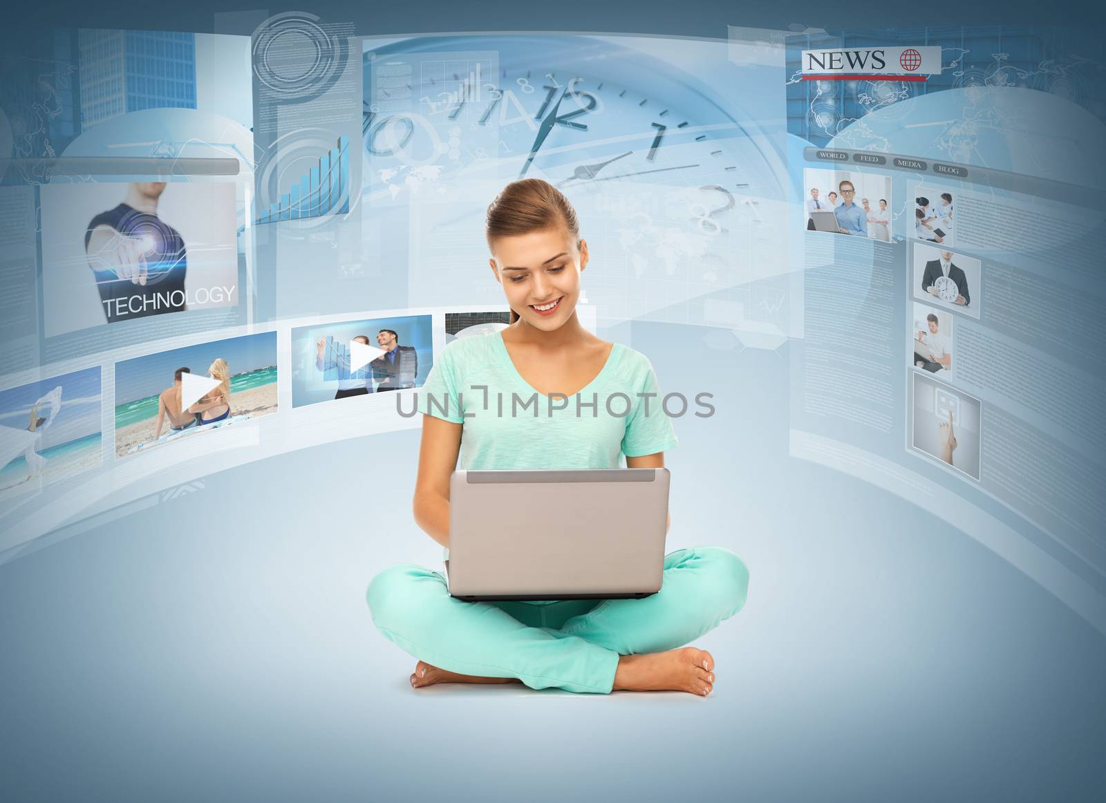 woman with laptop pc and virtual screens by dolgachov