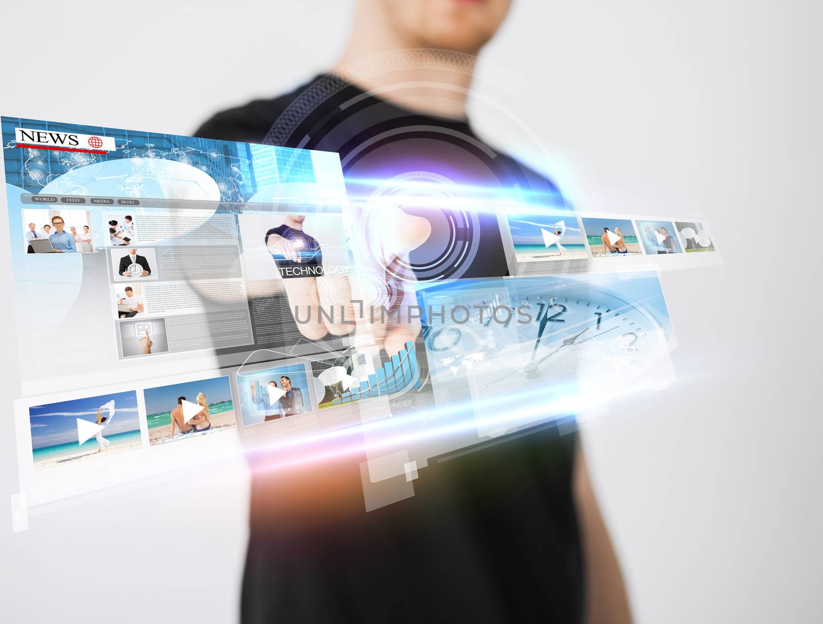 business, technology, internet and networking concept - man pressing button on virtual screen