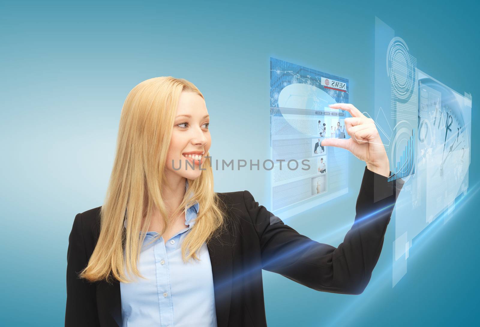 business, technology, internet and news concept - woman with virtual screen reading news