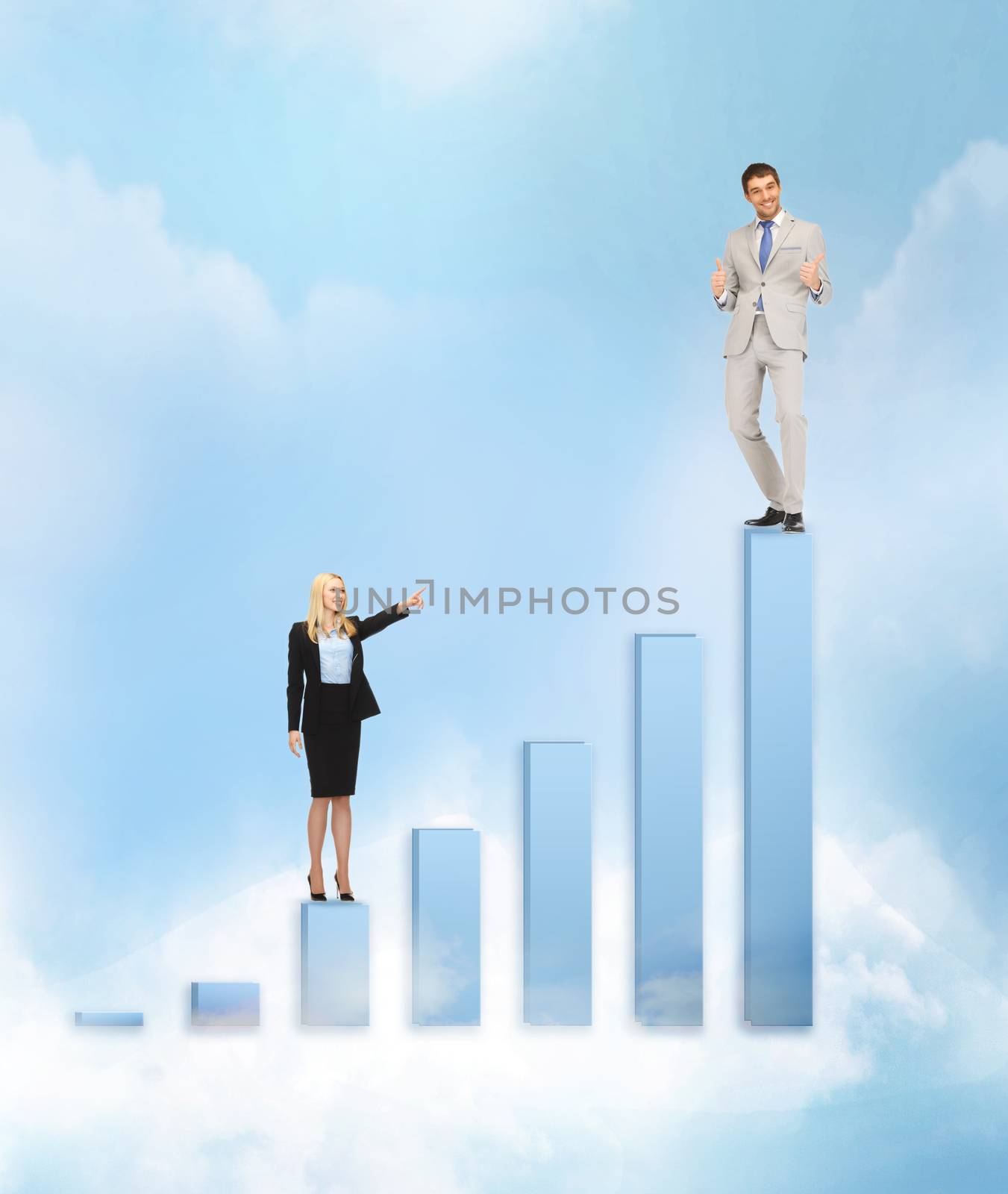 business, success and graphs concept - businesswomen with big 3d chart