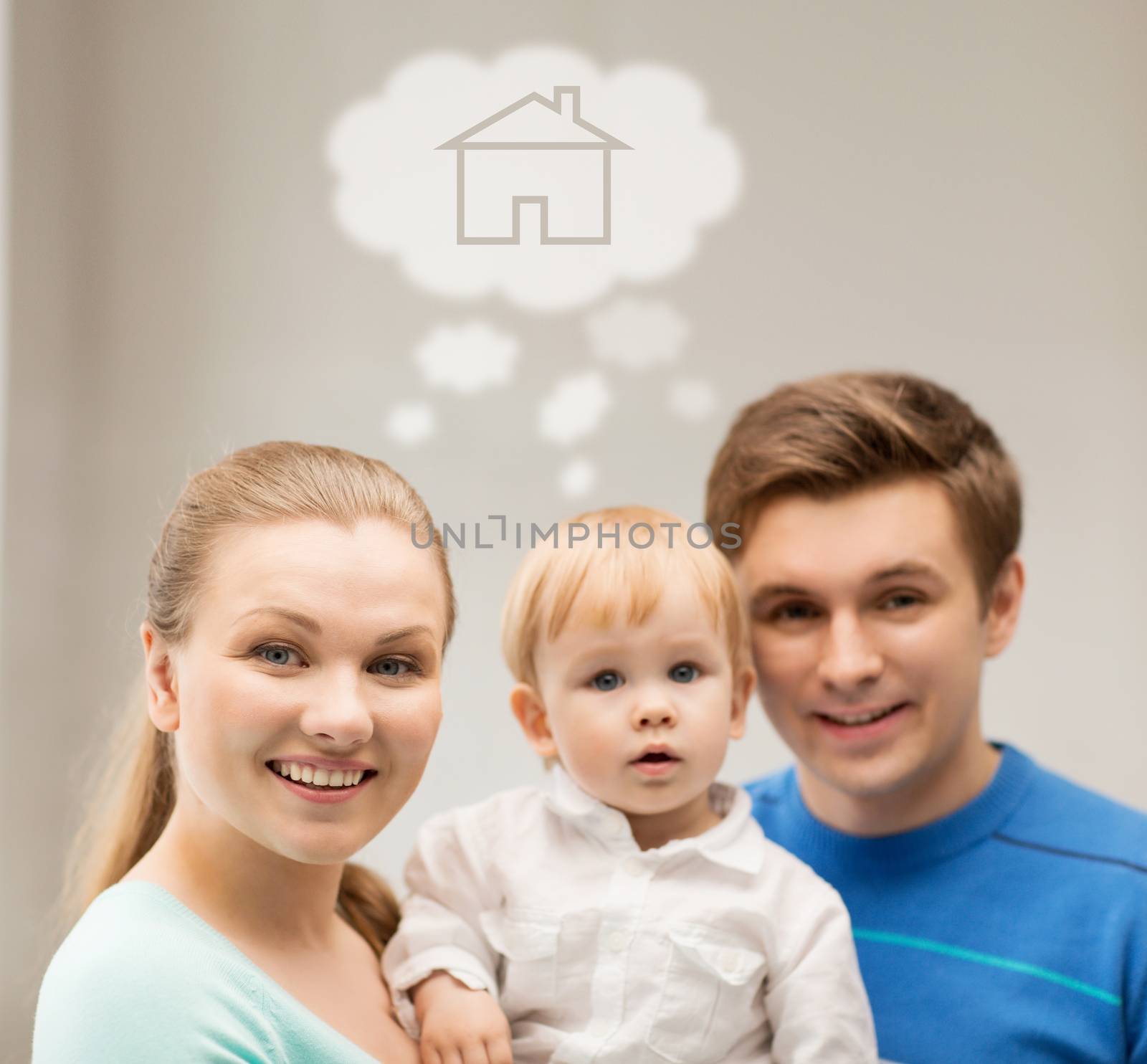home, real estate and family concept - family with child dreaming about house