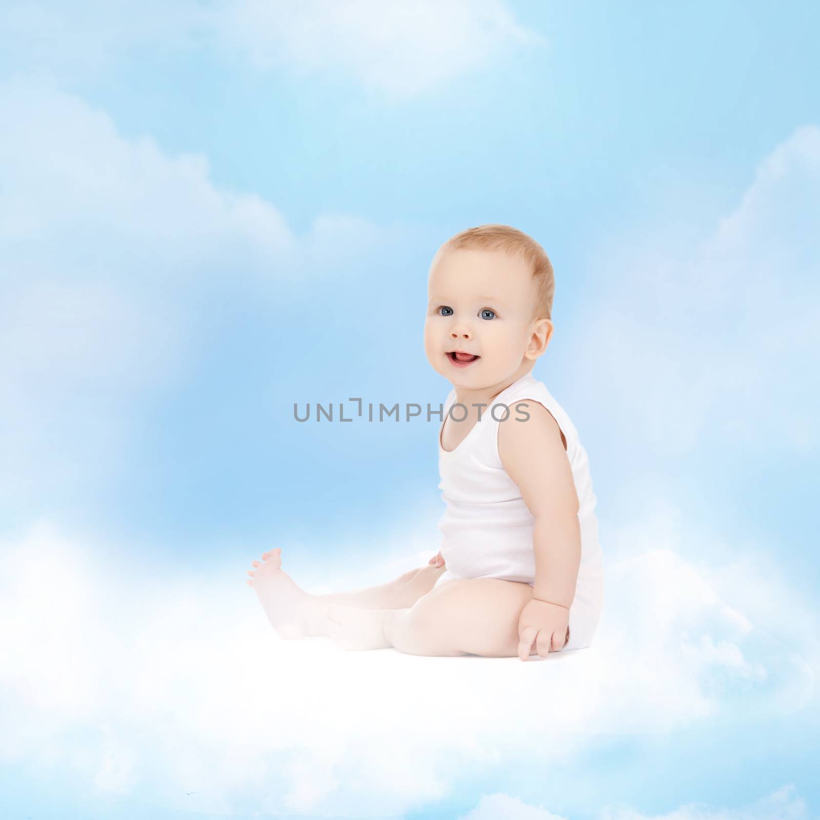 smiling baby sitting on the cloud by dolgachov