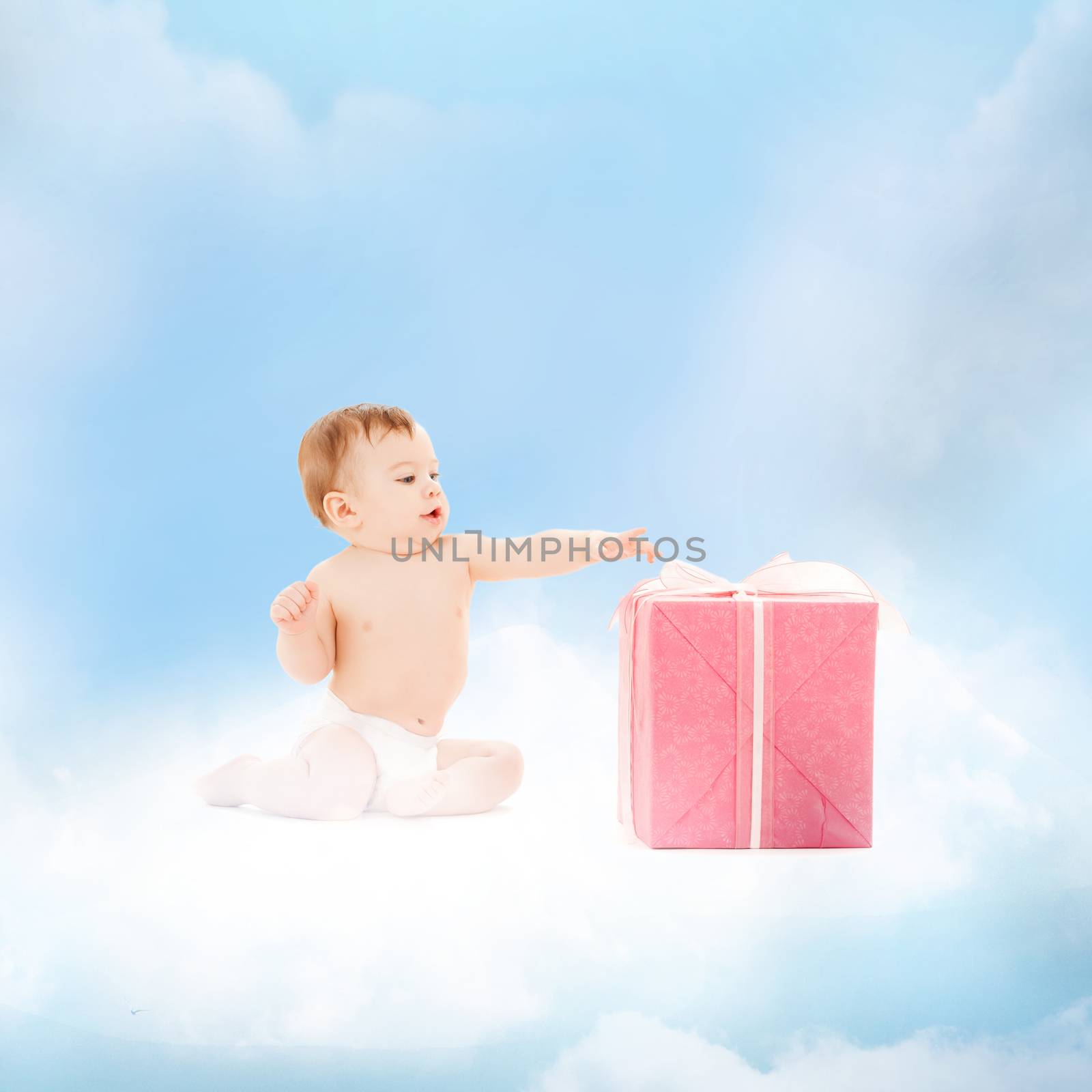 smiling baby with present on the cloud by dolgachov