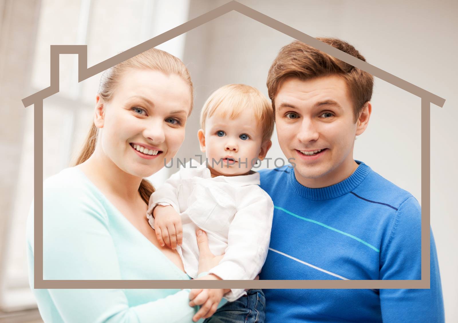 home, real estate and family concept - family with child and dream house