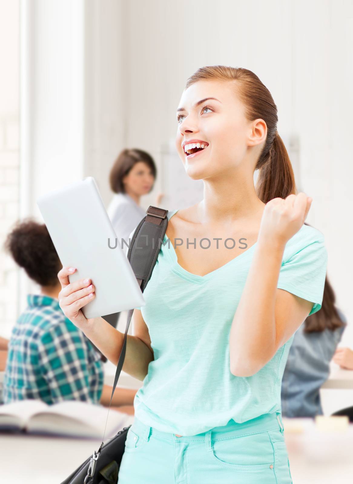 education, technology and internet concept - happy student girl with tablet pc