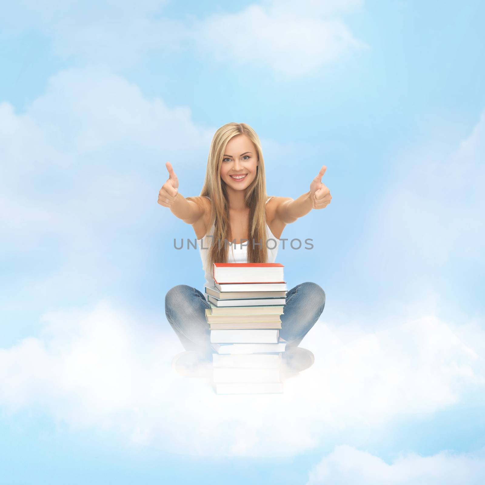 education concept - smiling student with stack of books sitting on the cloud