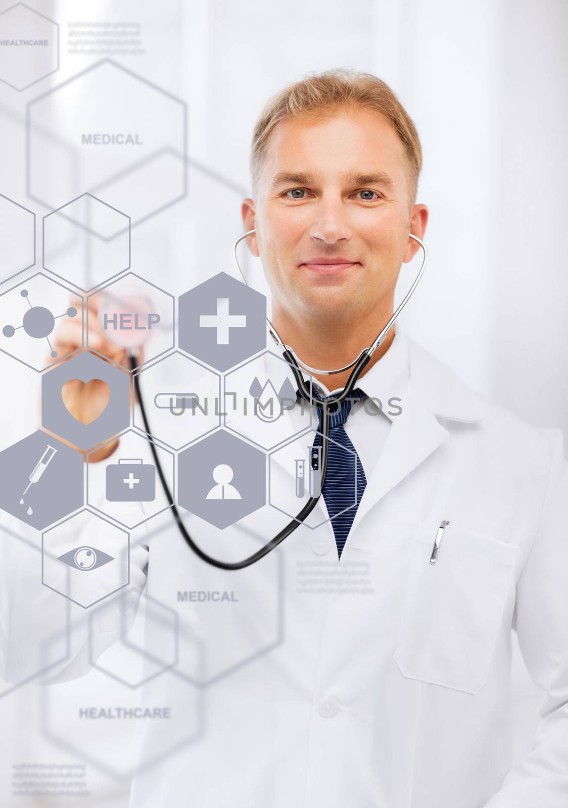 doctor with stethoscope and virtual screen by dolgachov