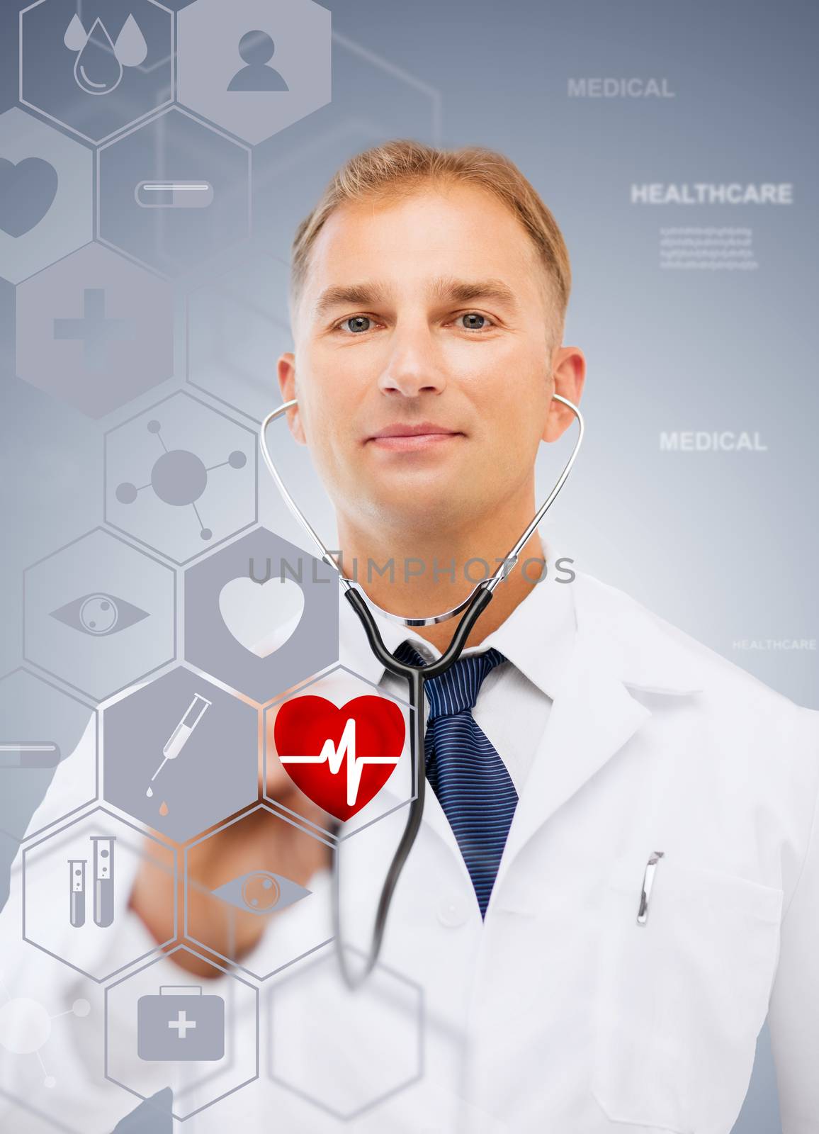 male doctor with stethoscope and virtual screen by dolgachov