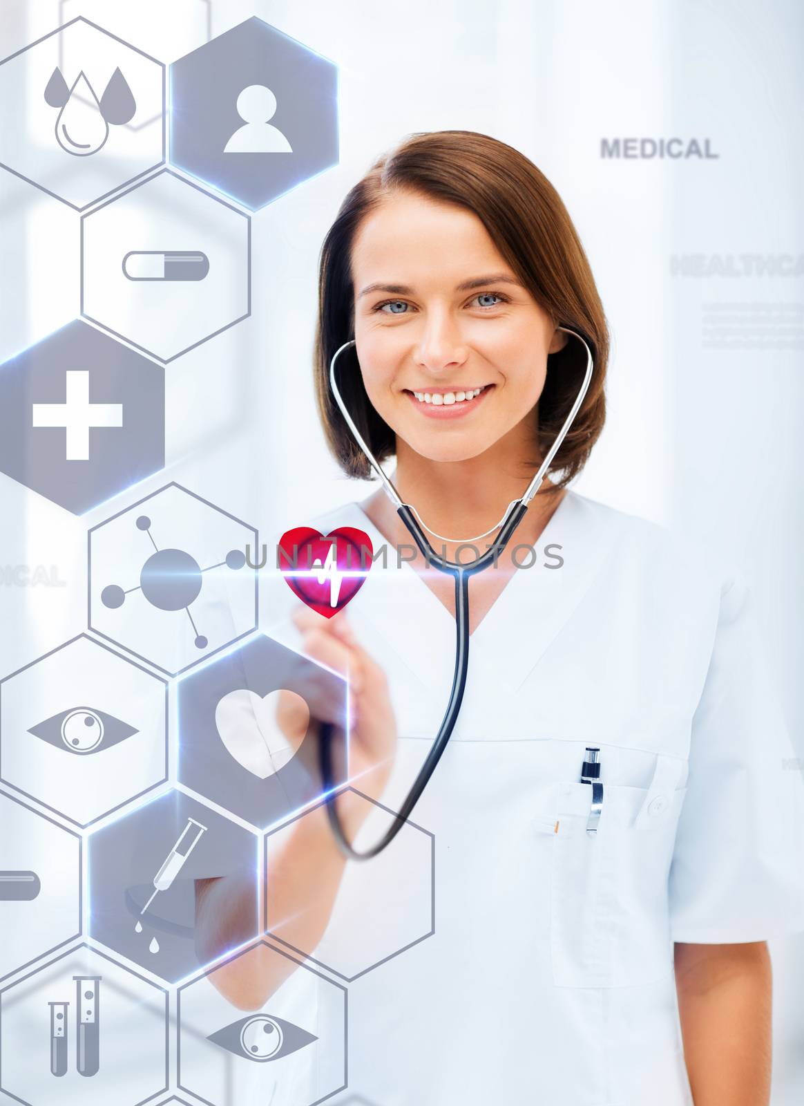 female doctor with stethoscope and virtual screen by dolgachov