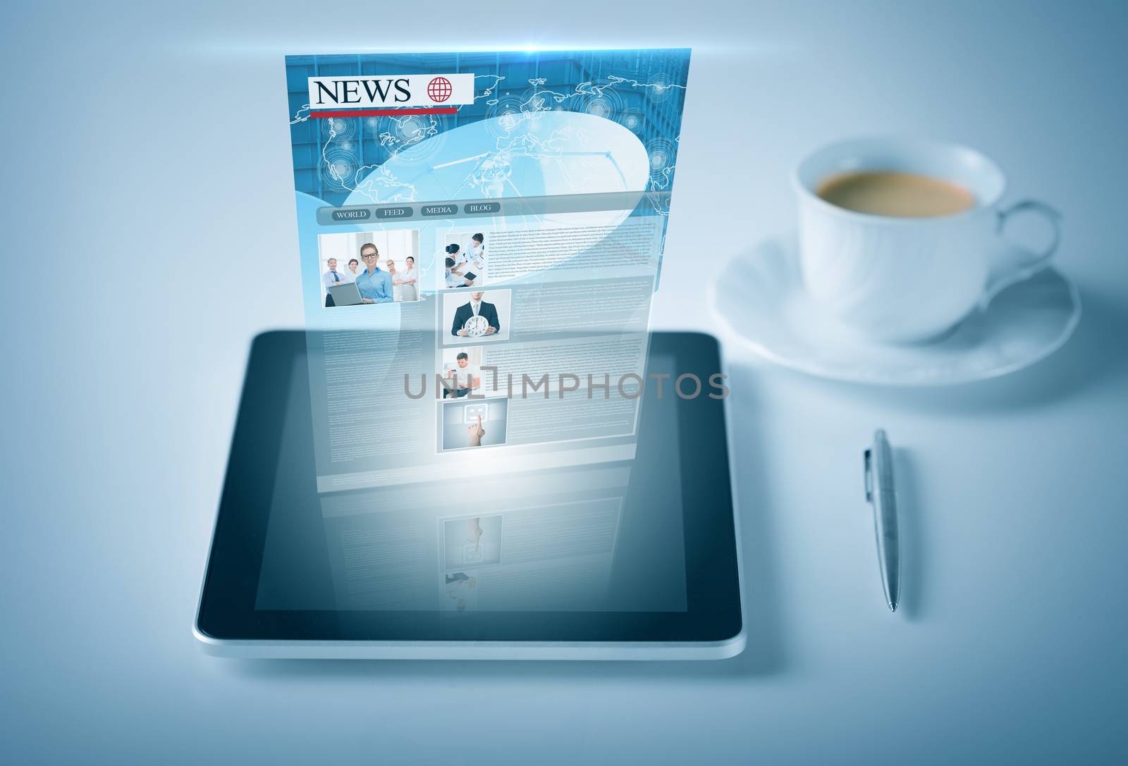 business and technology concept - tablet pc with news feed