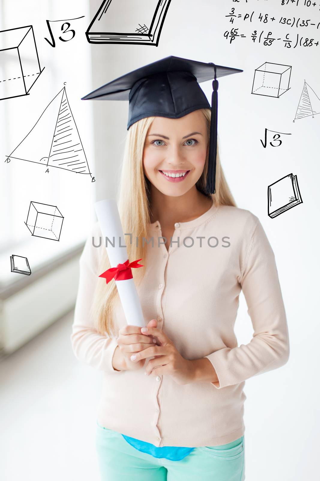 education and school concept - happy student in graduation cap with certificate